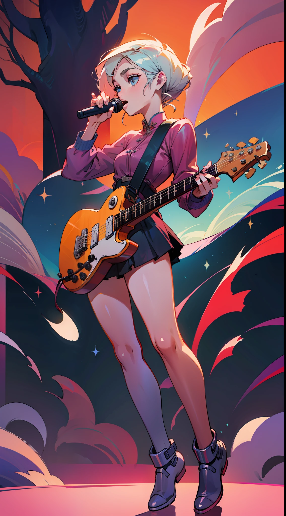Beautiful singer who plays guitar, full body, metallic