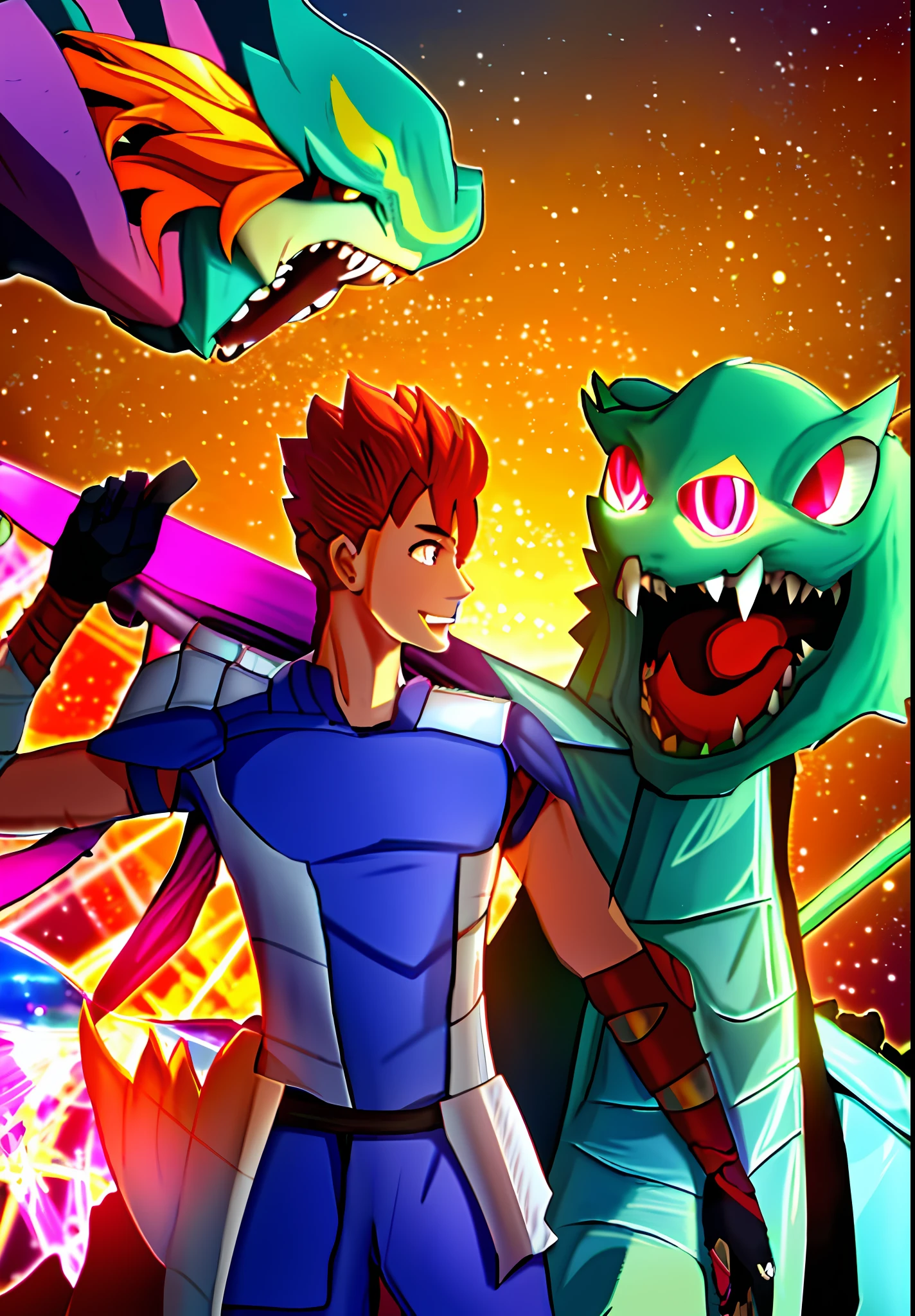 There is a cartoon of a man holding a sword and a dragon, fusion human and dragon, battle with dragon, fighting a dragon, with scaly-looking armor, draconian-looking armor, dragon in the background, like a badass monster hunter, dragon knight, dragon! man, fire battle coloring, dragon slayer, dragon inspired armor,,red hair,platinum red armor,bright golden sword,illumination from the sun,cute dragon,cute young knight