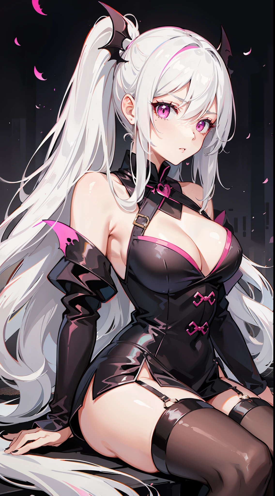 Adult girl, long white hair, high ponytail, pink eyes, bat wings, black rich dress, anger, masterpiece, high quality