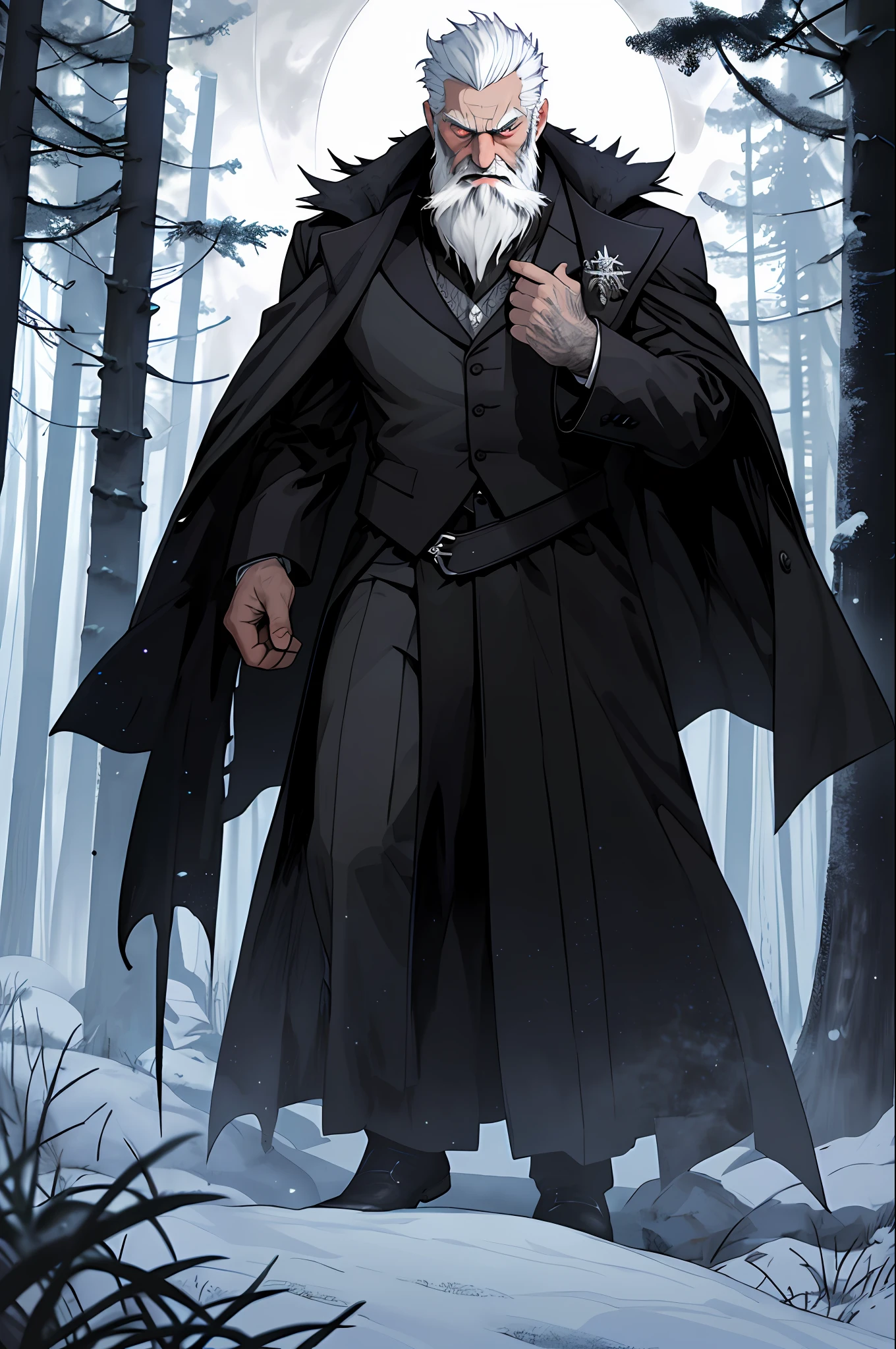 An elderly, muscular magician, wearing black overcoat, short white hair, red eyes, bearded, dark beard, holding a grimoire, in a dark forest at night, full moon, magical sparks, deep shadows, detailed textures, diffuse lights, sharp and bright moonlight, different shades of black and gray in the midst of the dark forest, many trees and plants throughout the scenery, mysterious atmosphere and palette of dark colors