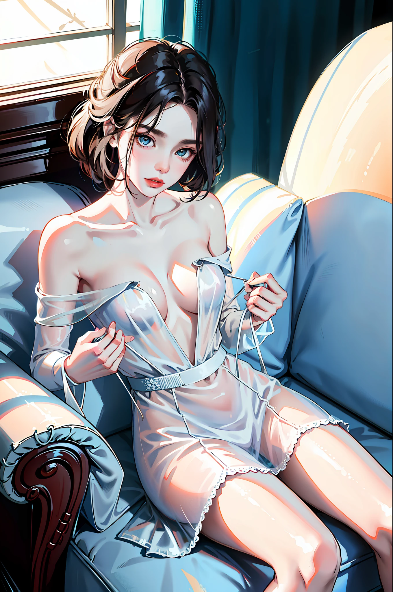 A beautiful mature and seductive woman, transparent dress, sitting on sofa, sexy pose, snow-white translucent skin, snow-white long legs, centered, hands covered, 135mm focal length, collarbone, perfect body, super high image quality, 8k,