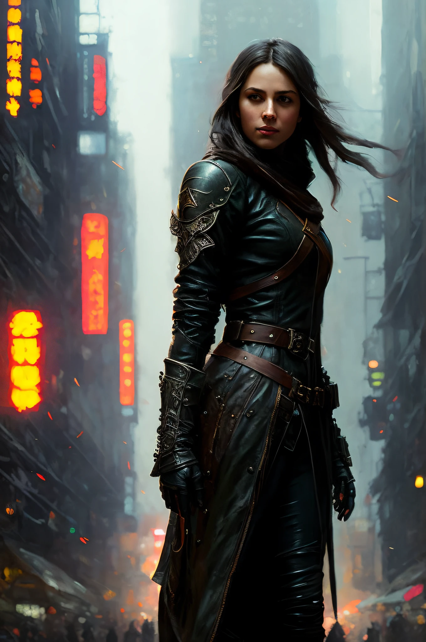 full body shot photo of the most beautiful artwork in the world featuring a modern female (rogue thief:1.1) wearing multiple layer (leather armor:1.1), sexy, big eyes, urban tokyo futuristic look, neon lights, night, slow motion, reflections, orange raincoat, intricate detail, nostalgia, high boots, heart professional majestic oil painting by Ed Binkley, Atey Ghailan, Studio Ghibli, by Jeremy Mann, Gregory Manchess, Antonio Moro, trending on ArtStation, trending on CGSociety, Intricate, High Detail, Sharp focus, dramatic, photorealistic painting art by midjourney and greg rutkowski