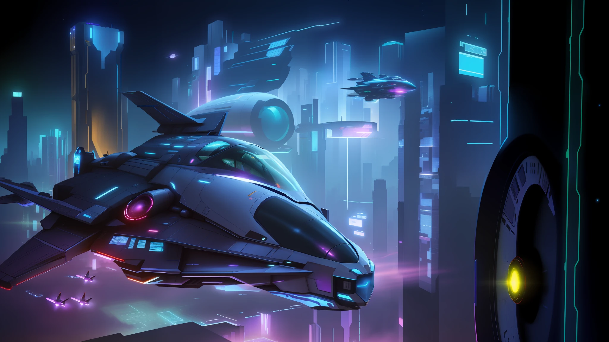 Spaceships fly over cities at night, cyberpunk concept-inspired jets