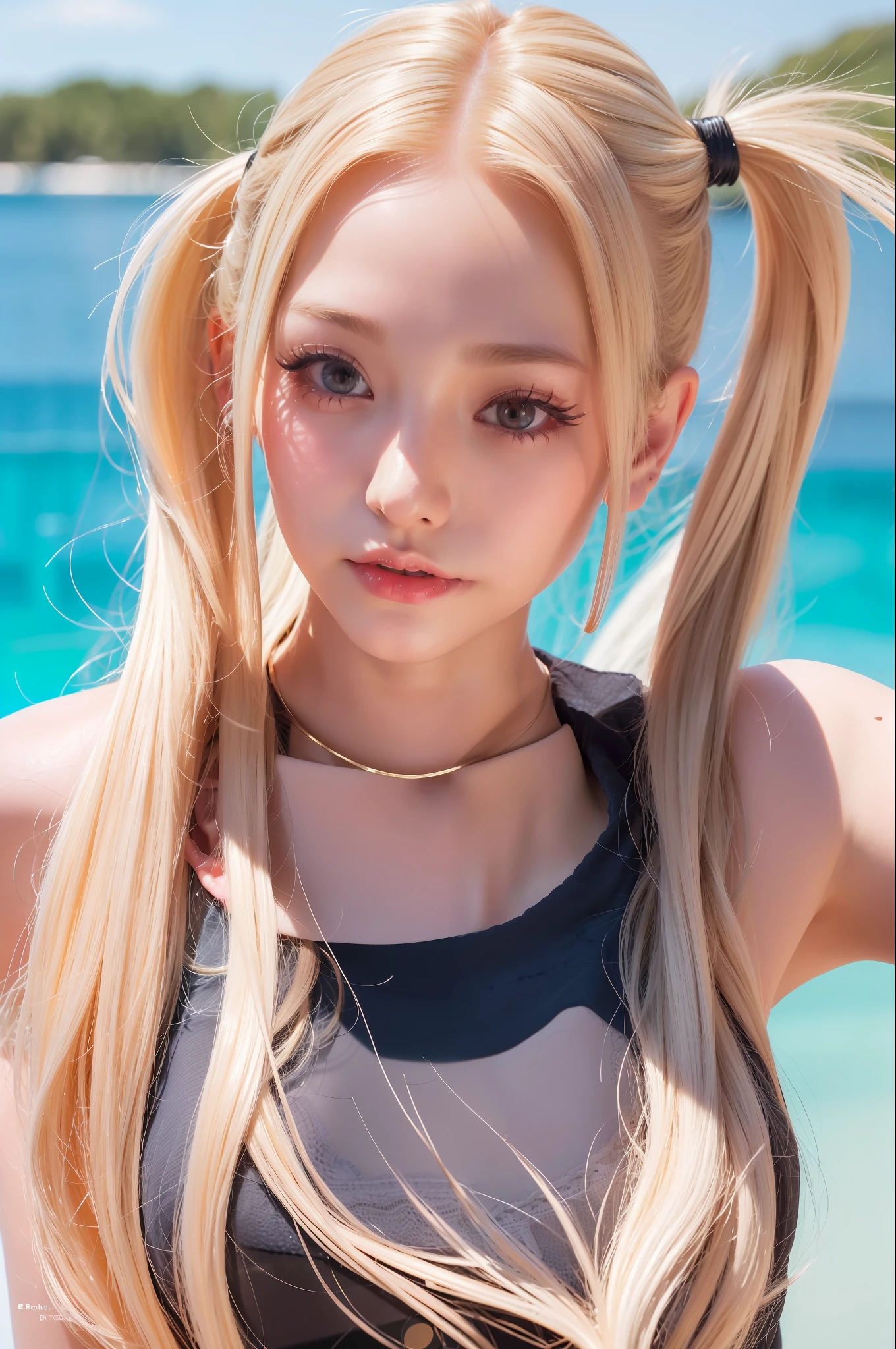 (8k, 4k, best quality, highres, ultra high res:1.1), (masterpiece, realistic, photo-realistic:1.1), 1girl, face, close-up, twintails, blonde hair, black eyes, red lips, (looking at viewer:2), absurdly long hair, long eyelashes, eyeshadow, small face, big eyes,
bare shoulders,
high contrast,