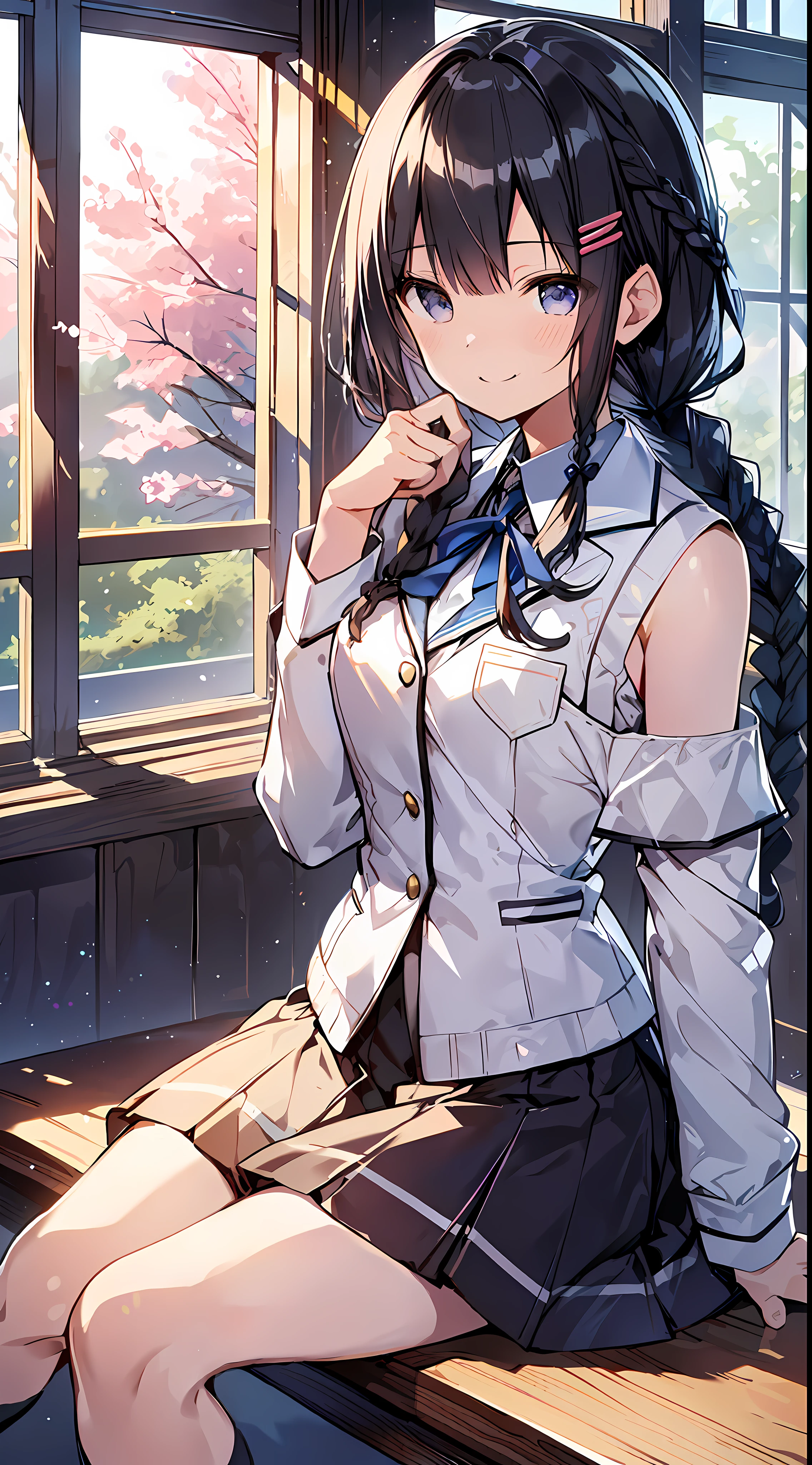 (Incredibly Absurdres Absolutely Resolution: 1.5), Top Quality, Masterpiece, Ultra High Definition, 8k, Early Summer, (School Uniform, Blazer), Shojo Manga Style, Loli, Soft Line Art, Digital Enhancement, Shojo Manga Touch, Shojo Manga Core, (((Hair length to shoulder)))), (((Short braid)) ), soft drawing, fluffy, soft, beautiful black hair, clear eyes, (((gentle smile)), ultra-detailed digital anime art, clear face depiction, ultra-detailed shojo manga character art, clear facial features, manga style, top quality color, delicate, staring at me facing forward, hand gestures, angle that can see up to my feet, sitting, classroom, entangle, beautiful and aesthetic:1.3、High quality:1.3