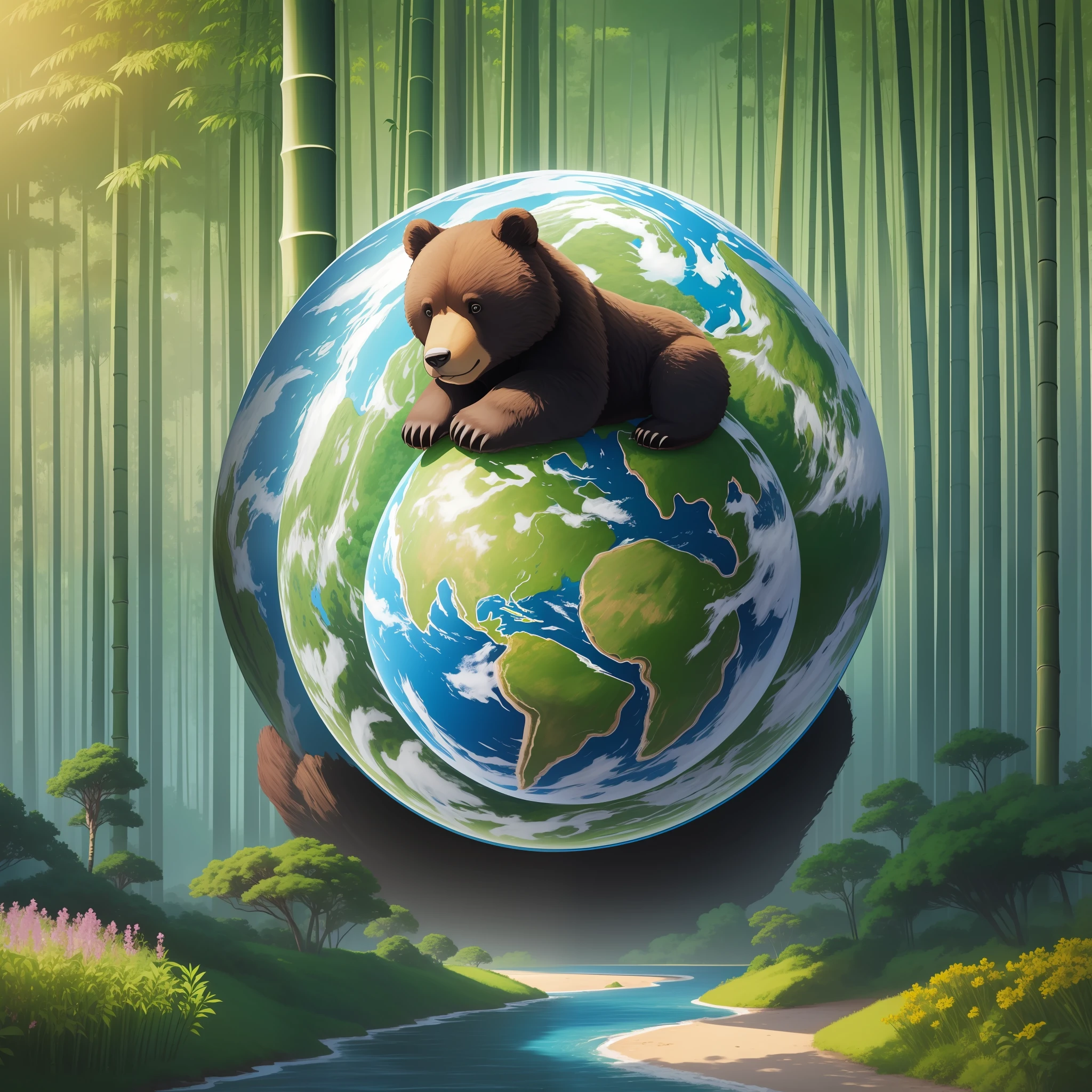 Earth Day poster, flat illustration, super cute chinese giant bear eating bamboo,bear, cub on spherical earth green, trees, flowers, landscapes, blue, green, yellow, simple background, central composition, bright colors, contrast of light and shadow, ultra high detail, 4k, flat illustration,cub bear, friendly face, happy --auto --s2