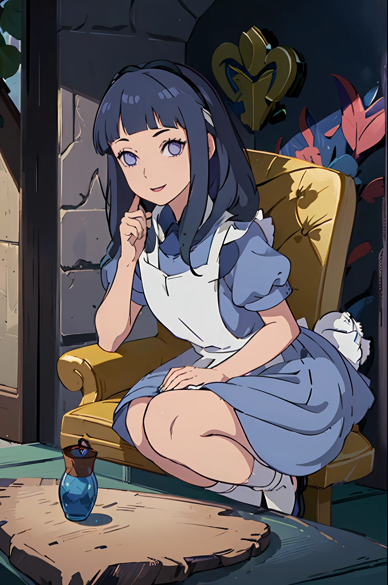 (masterpiece:1.4), (best quality:1.4), (high resolution:1.4), alice liddell, blue dress, white apron, black hairband, smile, looking at viewer, blunt bangs, (dark blue hair:1.3), (purple eyes:1.3), long hair, wavy hair, rabbit, alice in wonderland, hinata/(boruto/)