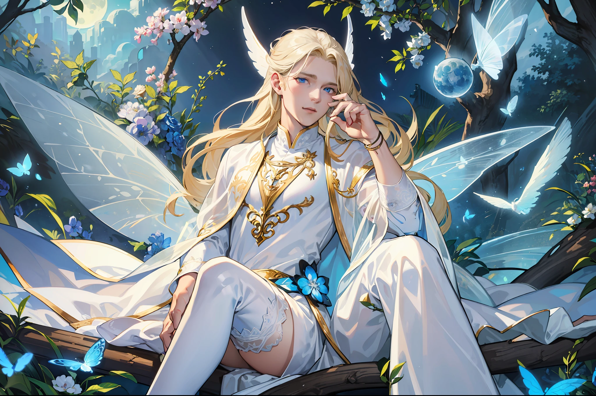 ((Superior quality, portraits, masterpieces, 8K wallpapers: 1.3)), man with long straight ash blond hair (((LONG BLOND HAIR))), blue eyes like diamonds (((BLUE EYES))), (((MALE FOCUS))) (((Fairy white wings on his back))) (((CHEERFUL LOOK))) sitting on a branch of a moeto tree, bioluminescent blue butterflies, dark hour, perfect shadows and reflections of the moon on the scene. white tunic, translucent, covered, clear clothing of God, CLOTHING COVERING HIS SKIN, TULLE TUNIC