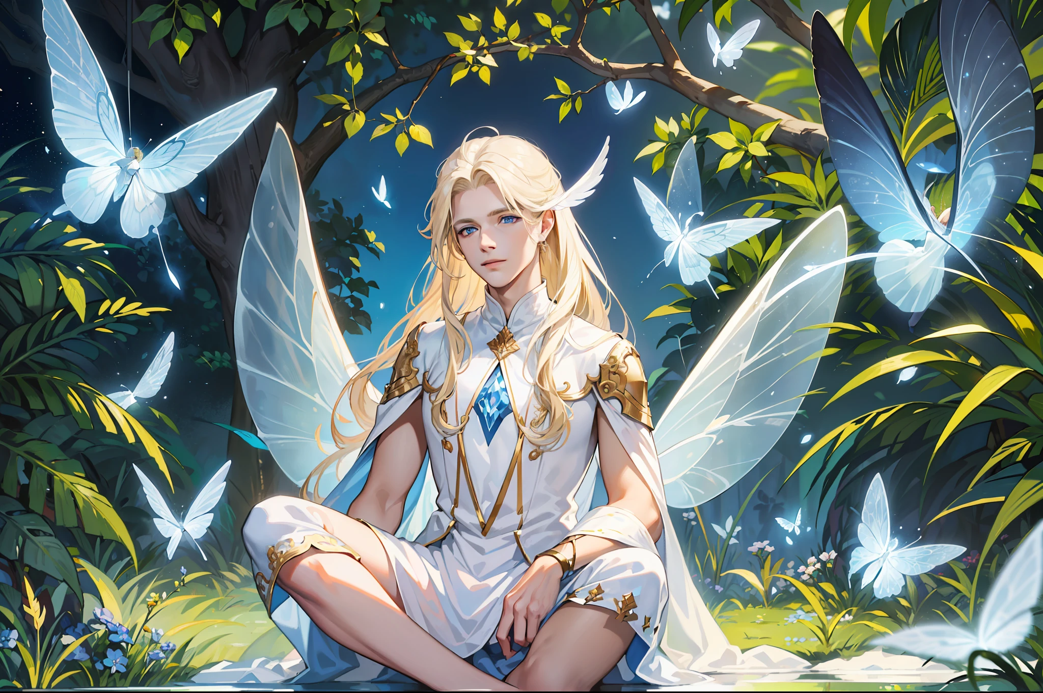 ((Superior quality, portraits, masterpieces, 8K wallpapers: 1.3)), man with long straight ash blond hair (((LONG BLOND HAIR))), blue eyes like diamonds (((BLUE EYES))), (((MALE FOCUS))) (((Fairy white wings on his back))) (((CHEERFUL LOOK))) sitting on a branch of a moeto tree, bioluminescent blue erflies, dark hour, perfect shadows and reflections of the moon on the scene. white tunic, translucent, covered, clear clothing of God, CLOTHING COVERING HIS SKIN, TULLE TUNIC