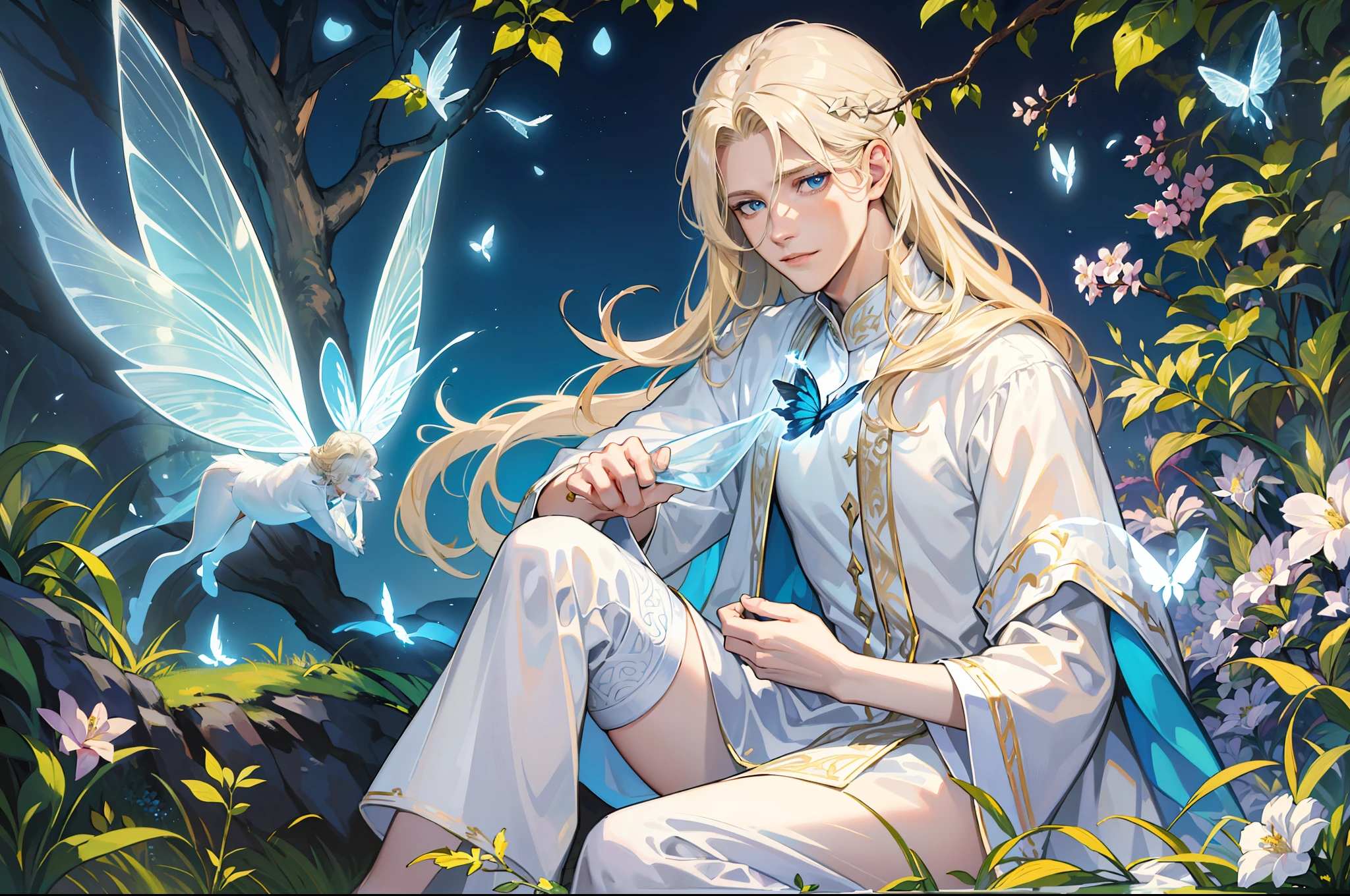 ((Superior quality, portraits, masterpieces, 8K wallpapers: 1.3)), man with long straight ash blond hair (((LONG BLOND HAIR))), blue eyes like diamonds (((BLUE EYES))), (((MALE FOCUS))) (((Fairy white wings on his back))) (((CHEERFUL LOOK))) sitting on a branch of a moeto tree, bioluminescent blue butterflies, dark hour, perfect shadows and reflections of the moon on the scene. white tunic, translucent, covered, clear clothing of God, CLOTHING COVERING HIS SKIN, TULLE TUNIC