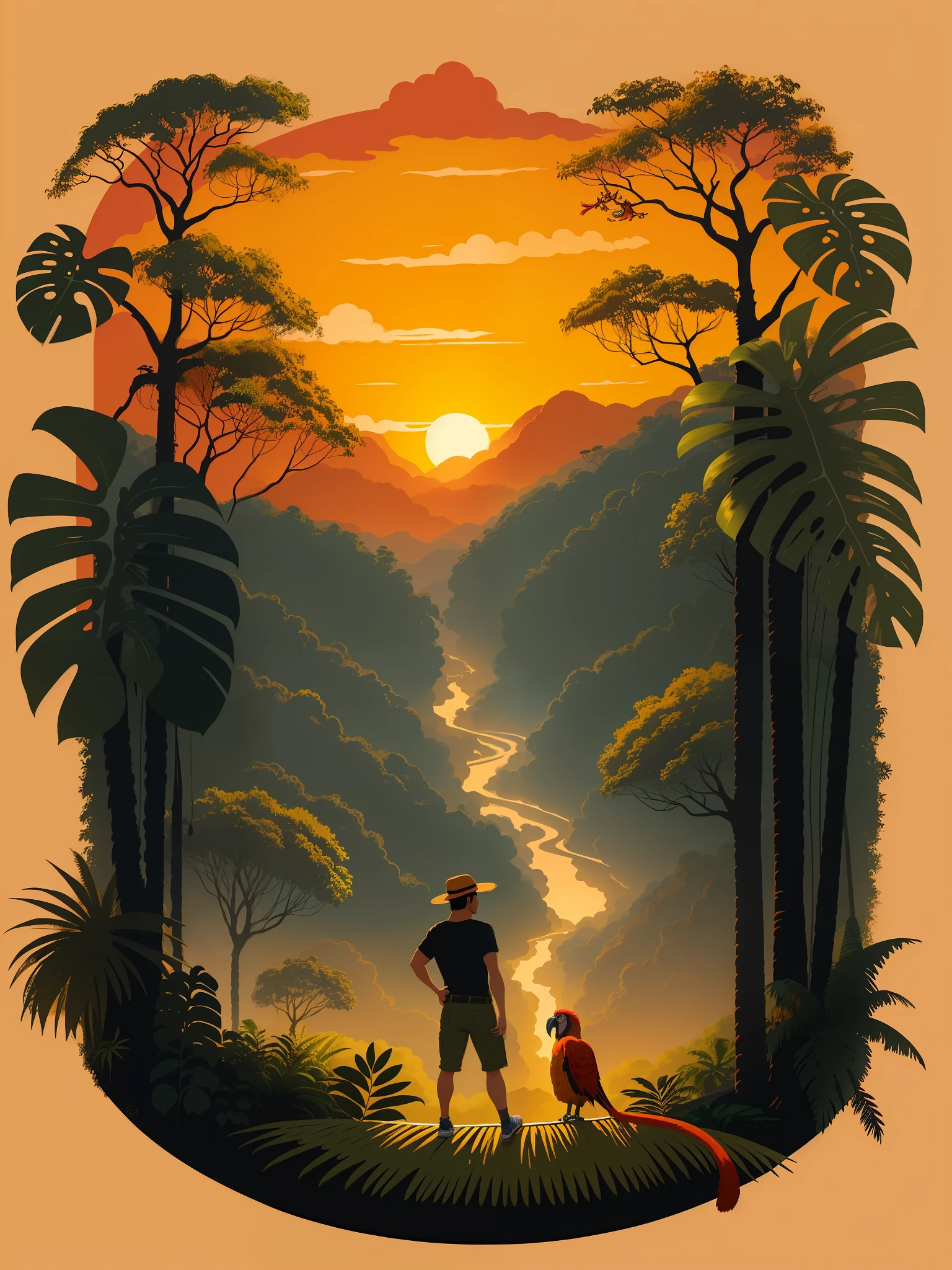 Amazon rainforest with climbing climber, sunset landscape, jaguars, macaws and monkeys in the landscape, T-shirt design, vector art,