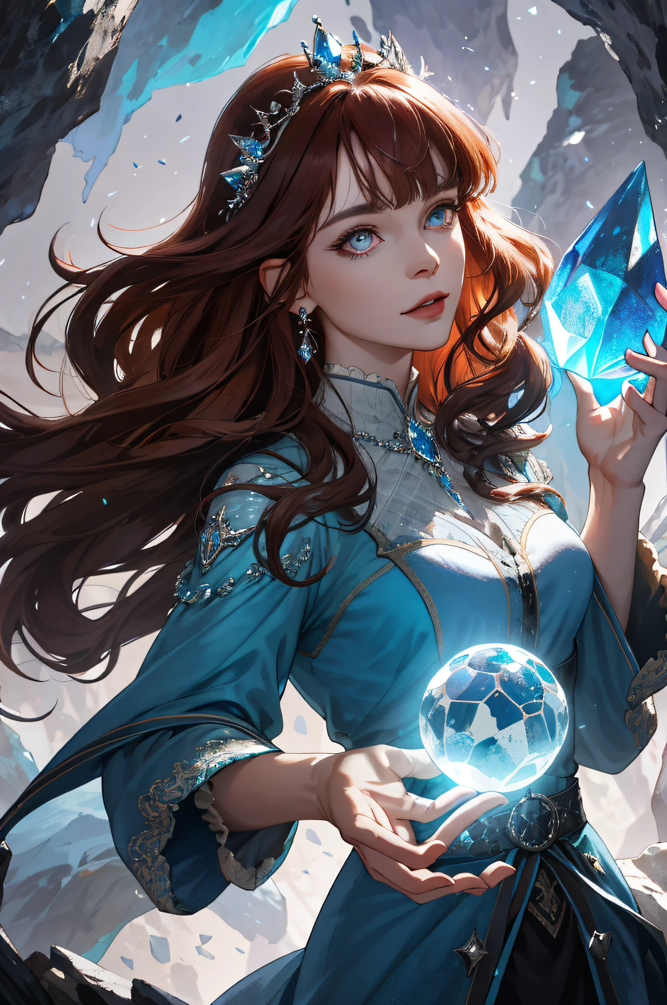 (absurdres, highres, ultra detailed), 1woman, mature female, aged up, wavy long hair, auburn hair, coral eyes, bangs, long sleeves, finely detailed eyes and detailed face, extremely detailed CG unity 8k wallpaper, intricate details, (style-swirlmagic:1.0), looking at viewer, solo, upper body, detailed background, close up, detailed face, (gothic dark ages theme:1.1), crystal sorcerer, dynamic pose, earth themed clothes, crystal crown, floating in the air, glowing magical shards, surrounded by blue magical crystals, rock formations, stalactites, magical floating particles, crystal glass, crystal sphere, crystal canyon background, (shallow water:0.7), epic ethereal atmosphere, updraft,, portrait