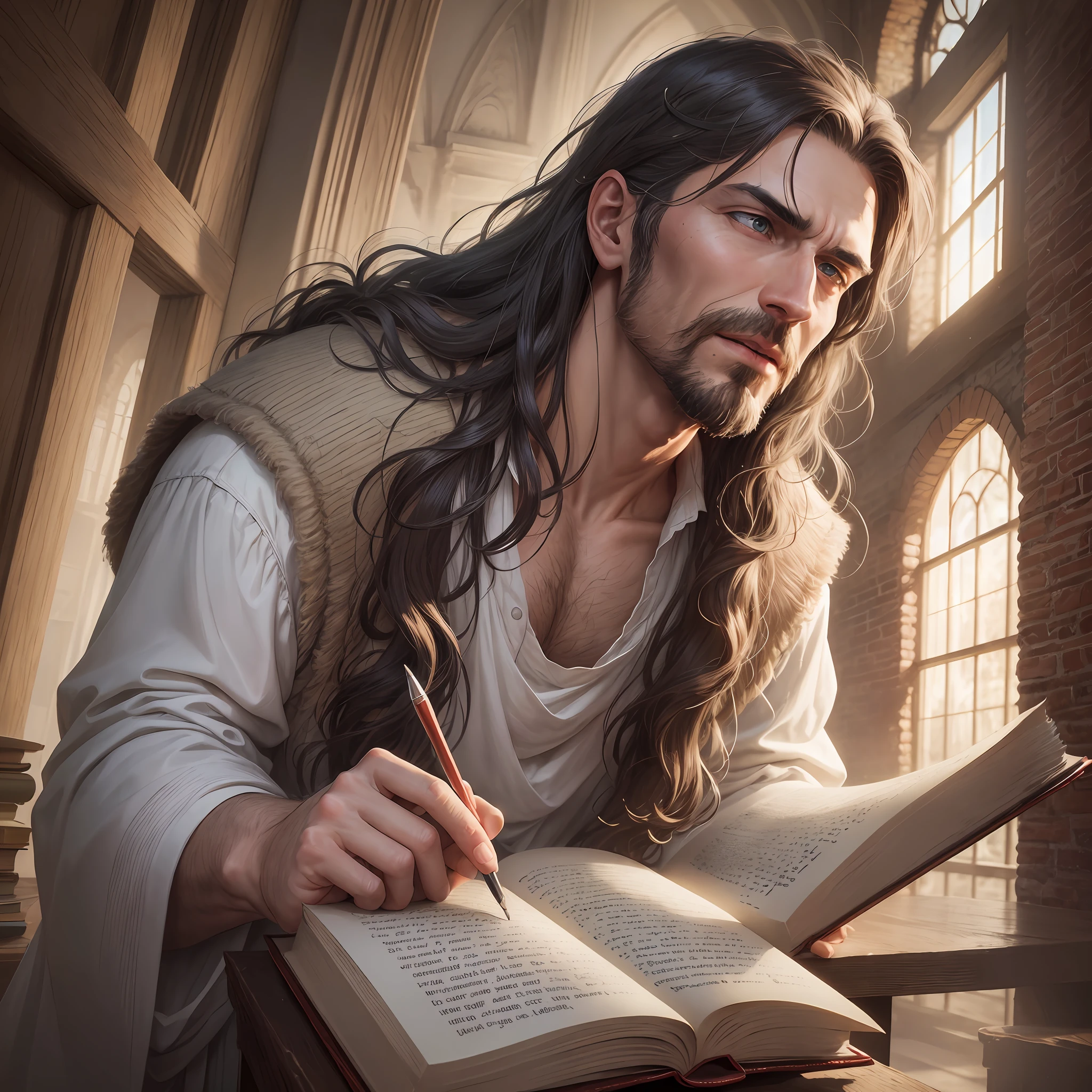Create a hyper-realistic image of the apostle John, the writer of the book of Revelation; --auto --s2