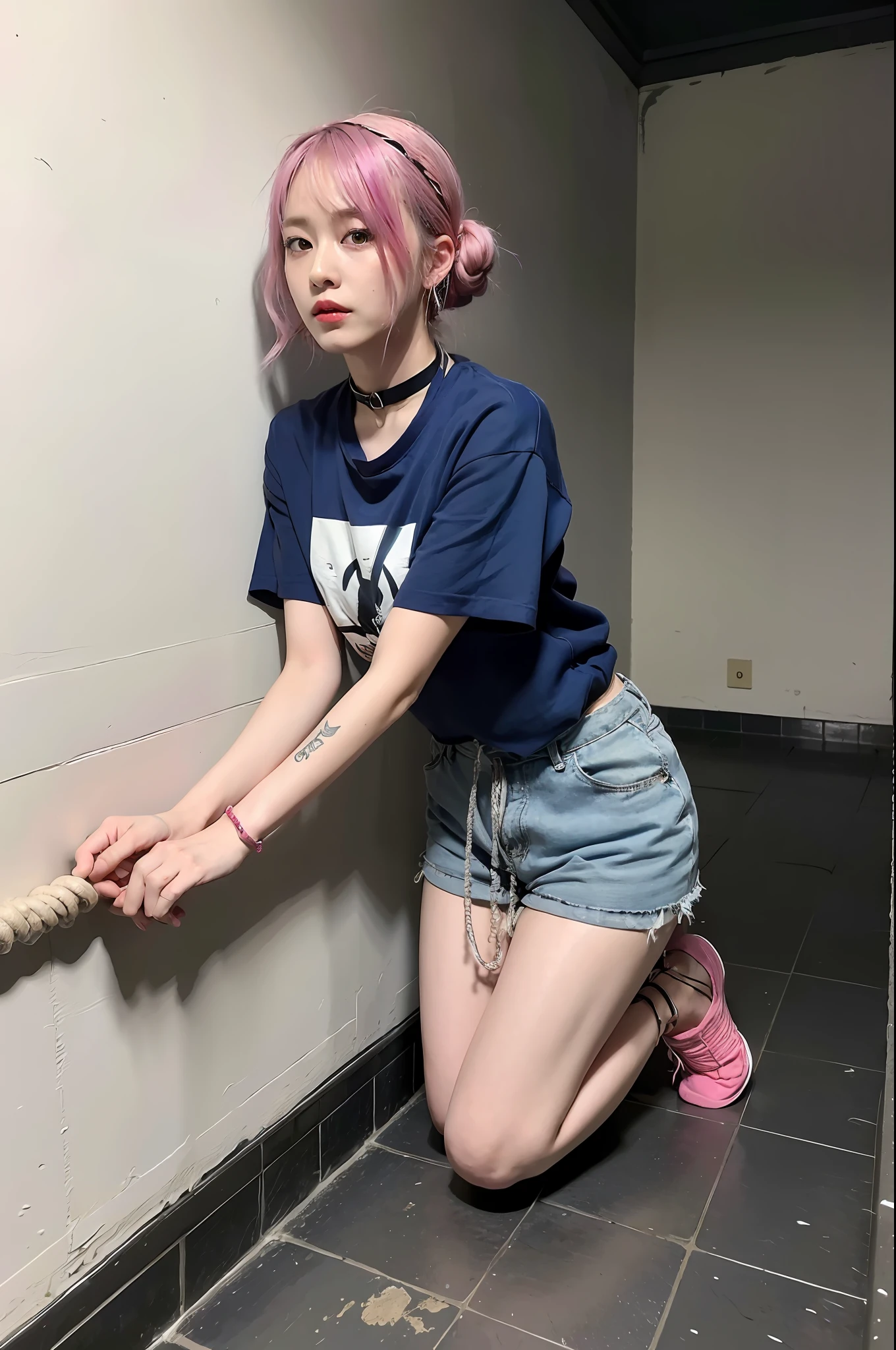 (8k:1.27), best quality, masterpiece, ultra highres:1.2), arrested lesbian goth delinquent girl with arm tattoos, tattooed girl, full body picture, blue oversized knotted prisoner t-shirt, short big sleeves, blue short inmate pants tied with a rope, dyed pink hair, short pink bob hairstyle, back pink bun, pink hair bangs, kneeling in a prison cell, handcuffed, hands tied with rope behind body, submissive neck choker and leash in neck, 4k or 8k picture, looking down sad, paisley bandana ribbon hairband, nose septum piercing, wearing dirty old clothes, smelly, barefoot, praying, rope hanging from ceiling