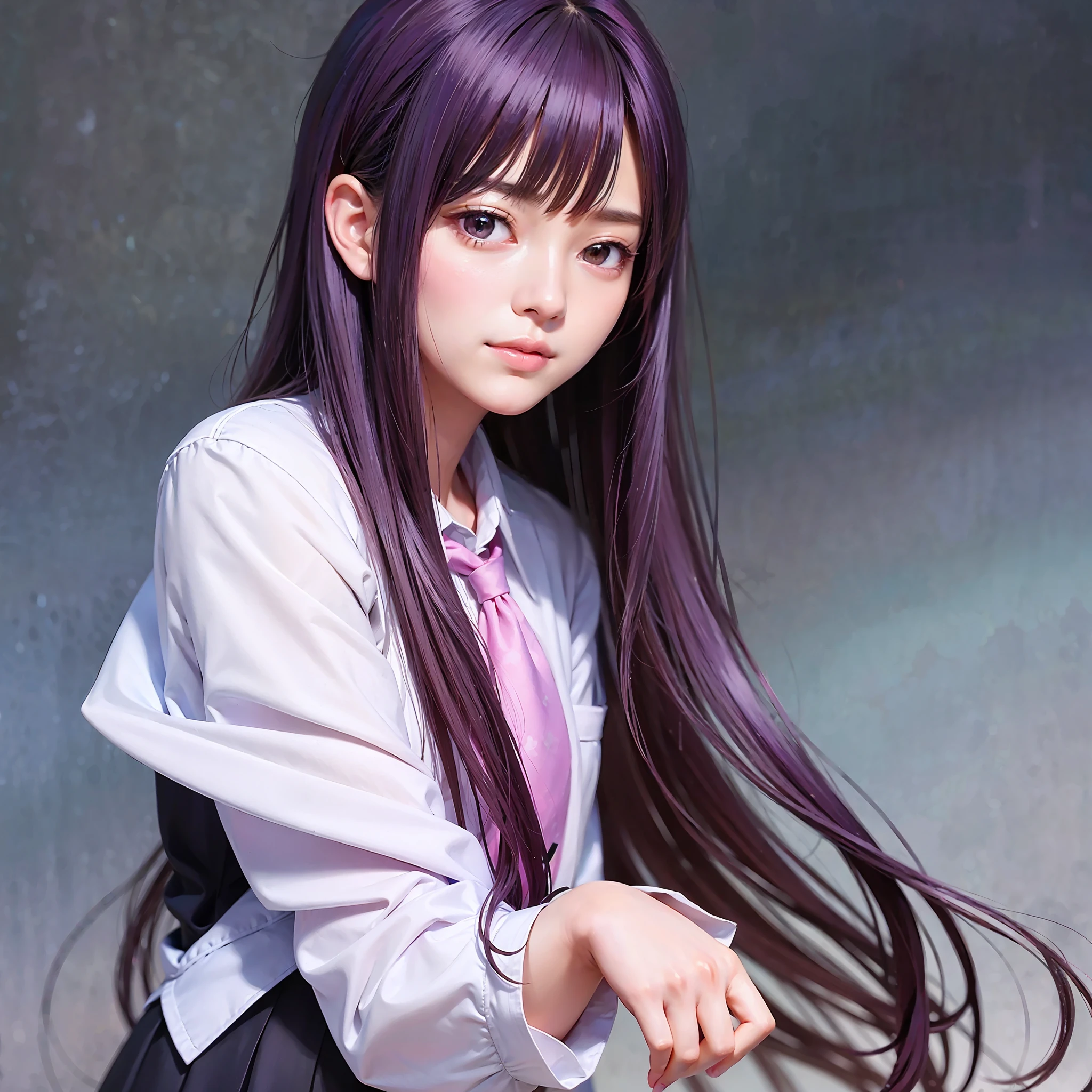masterpiece, best picture quality, high quality, beautiful girl, Japanese, Japanese school girl, popular Korean makeup, detailed, swollen eyes, detailed eyes, detailed skin, beautiful skin, ultra high resolution, (reality: 1.4), very beautiful, slightly younger face, beautiful skin, slender, (ultra realistic), (illustration), (high resolution), (8K), (highly detailed), (best illustration), (beautifully detailed eyes), (super detailed), (wallpaper), (detailed face), looking at viewer, fine details, detailed face, pureerosfaceace_v1, smiling, 46 point diagonal bangs short, facing straight ahead, light purple school girl uniform, ribbon shaped pink tie, purple hair, long hair, facing straight ahead, angle from waist up, realistic photo, bright lighting, professional lighting, Senjogahara Hitagi