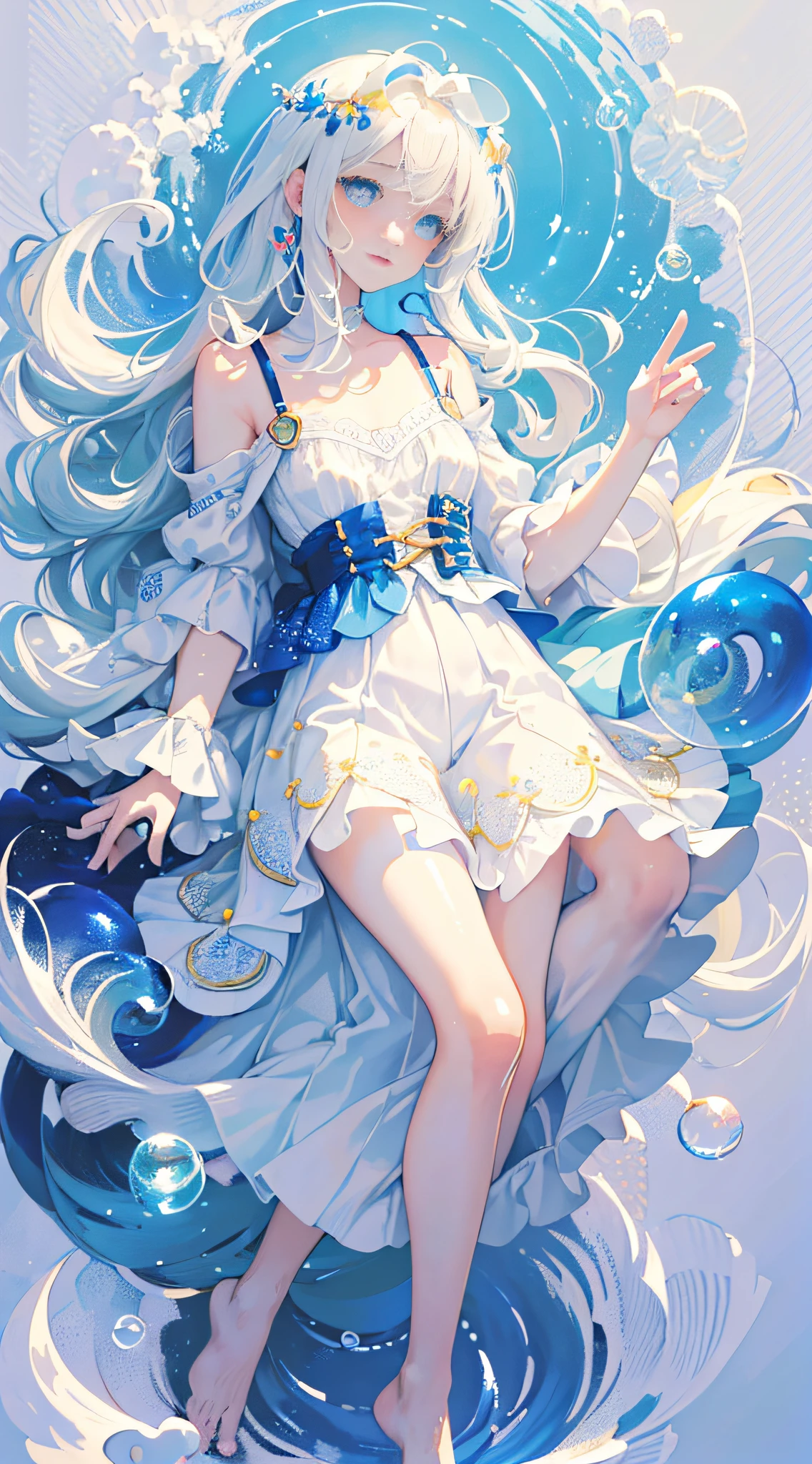(Masterpiece, Best Quality: 1.2), (Super Detailed), (Illustration), Super High Resolution, Super Delicate Face, Delicate Eyes, Blue Pupils, Finger Details, Wallpaper, Original, 1girl, Messy White Hair, Thin Shoulder Straps, White Skirt, Bare Legs, Barefoot, Bare Arms, Full Body, (Surrounded by Colorful Splashes and Dots), Colored Bubbles, (Shiny), Simple Background