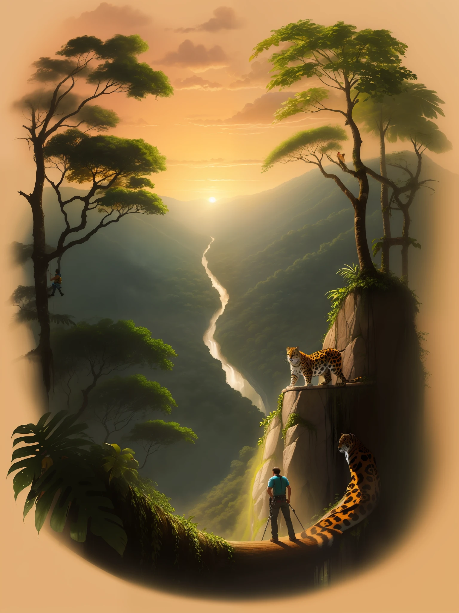 A climber and a jaguar in the Amazon rainforest