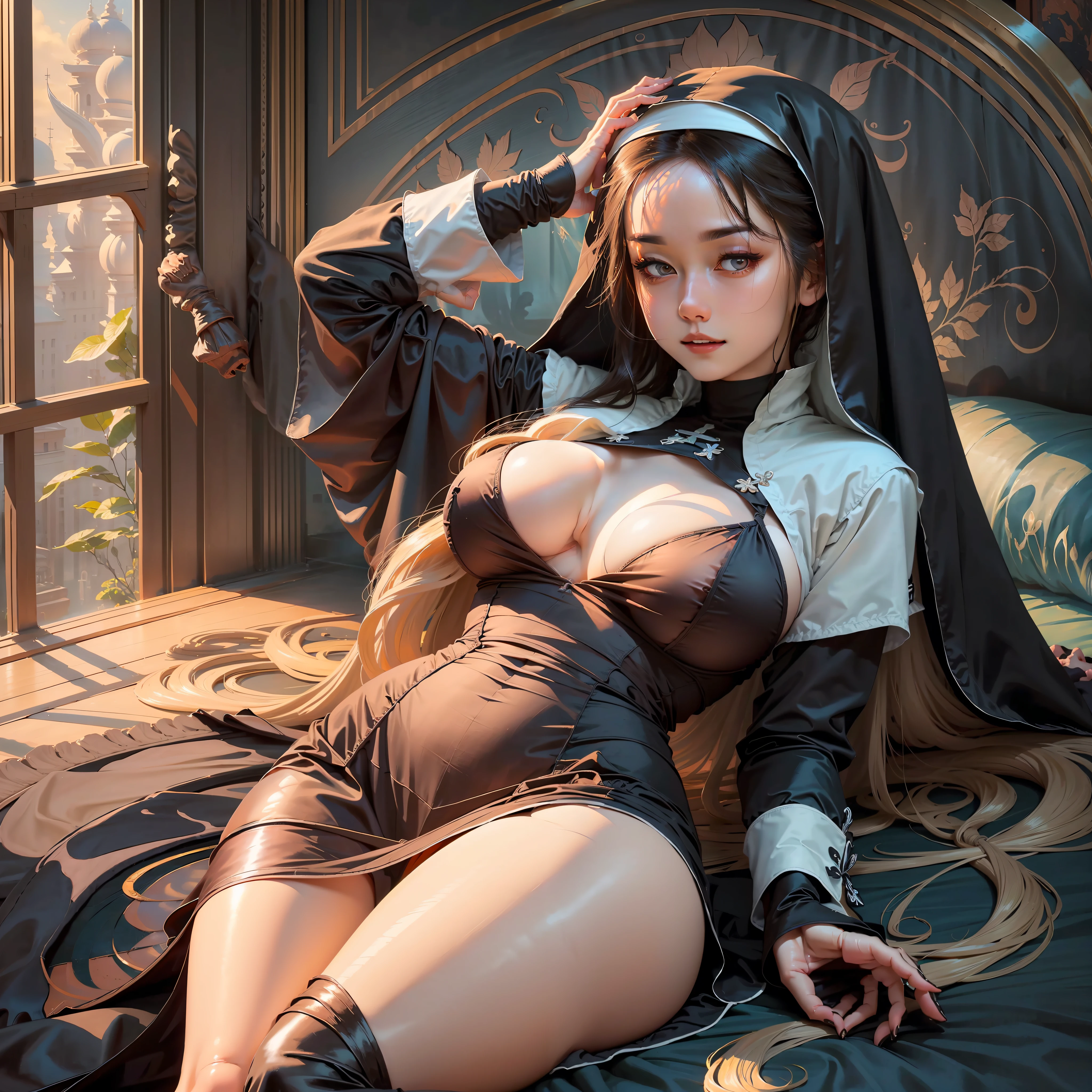 SFW, (high resolution art, best quality and detail, character illustration), a breathtaking nun with serene expression and expressive eyes, large breasts, silt hips, long hair, radiating a sense of peace and serenity, lying on a bed with her legs spread --auto --s2