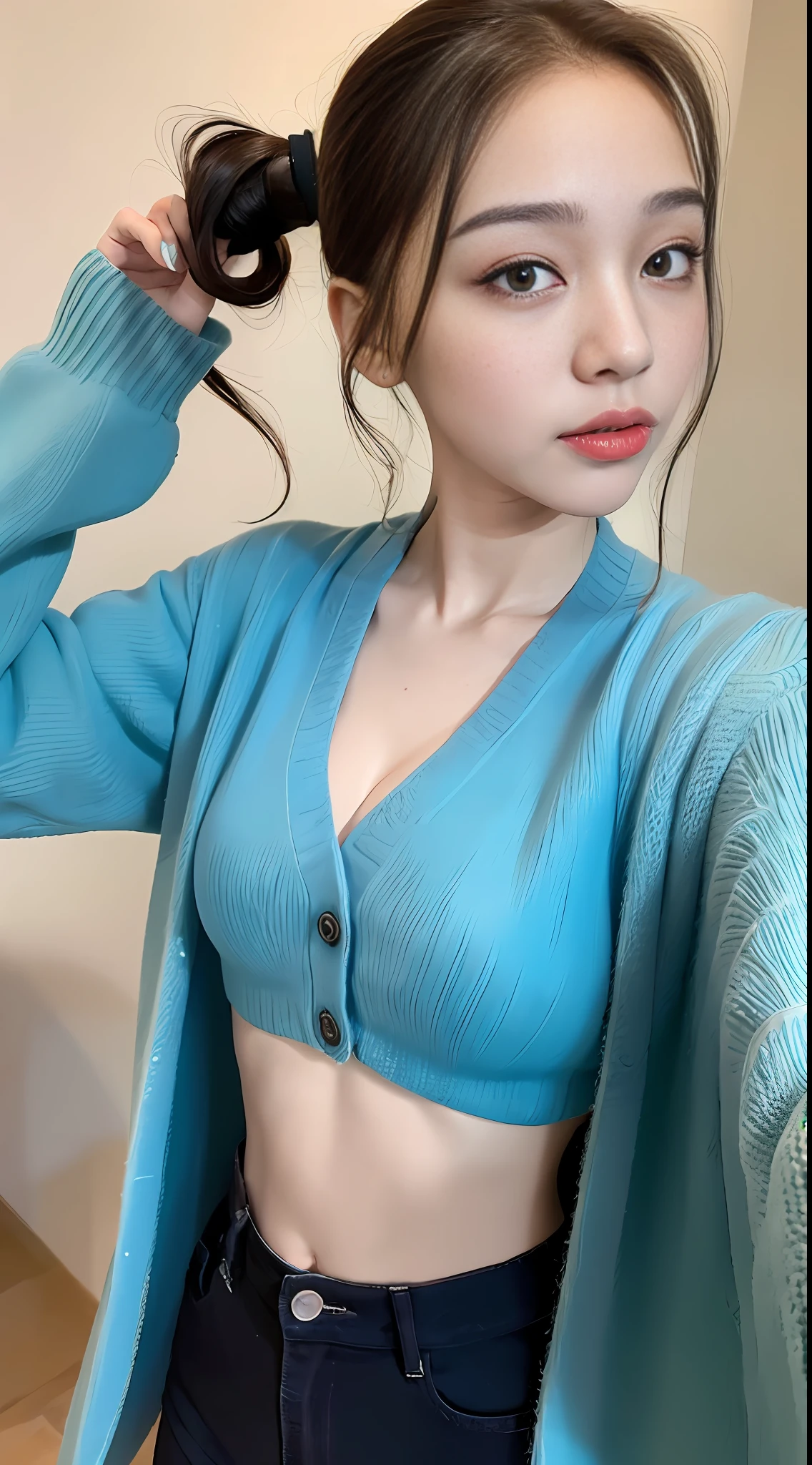 ((top quality, 8k, masterpiece: 1.3)), 1 girl, beauty with slender abs: 1.3, (ponytail, big: 1.4), blue cardigan: 1.1, ultra detailed face, detailed eyes, double eyelids