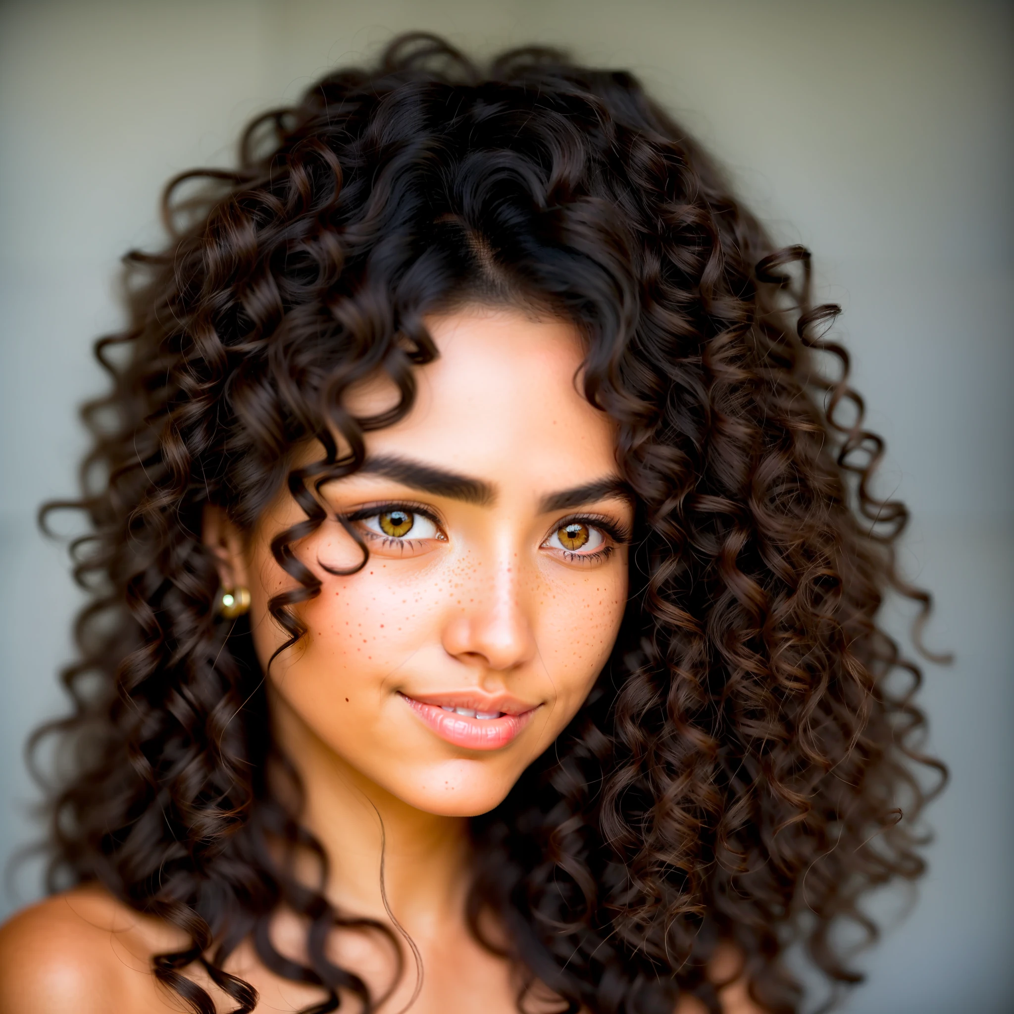 A very beautiful and cute young woman with olive complexion, long black curly hair with side ringlets and curly bangs, thick eyebrows, long eyelashes, eyeliner, big almond-shaped and amber-colored eyes, plentiful dark freckles, long, thin and very slightly curved nose, thin lips, one discreet mole under her left eye and another over her upper lip, and a round face with weak chin. She is laid back and friendly.