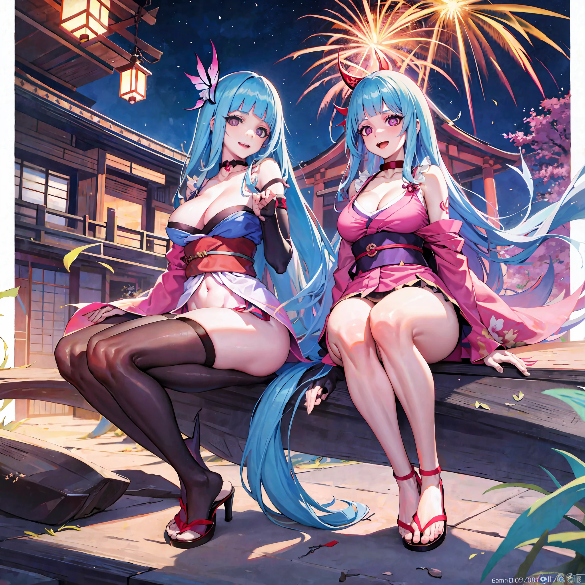 masterpiece, Extreme, Hi-Res, 1girl, Blue long hair, Asymmetrical hair, Hair between the eyes, Hair accessories, Fish hair accessories, Tassels, Kanzashi, Bangs, Pink eyes, Open mouth, Smile, Teeth, Upper teeth only, Collar, Red collar, Choker, Butterfly collar, Clavicle, Tattoo on chest, Flower tattoo, Cleavage, Medium breasts, Thighs, Bandages, Leg bandages, Sarashi Budget sarashi, boobs exposure, Black Belt, Hadanuki Dosuji, Hōreki, Japanese Clothing, Kimono, Kinchagaku, Obi, Obi Fastening, Pink Kimono, Pouch, Printed Kimono, Rope, Belt, Shimenawa, Short Kimono, Bare Shoulders, Visionary (Genshin Impact), East Asian Architecture, Cherry Blossoms, Full Body, Squatting, Fireworks, Fireworks, Fireworks, Night, Fireworks, Fireworks, Feet Together, Feet Together, Feet, Single Gloves, Single Show only finger gloves, wristbands, black socks,