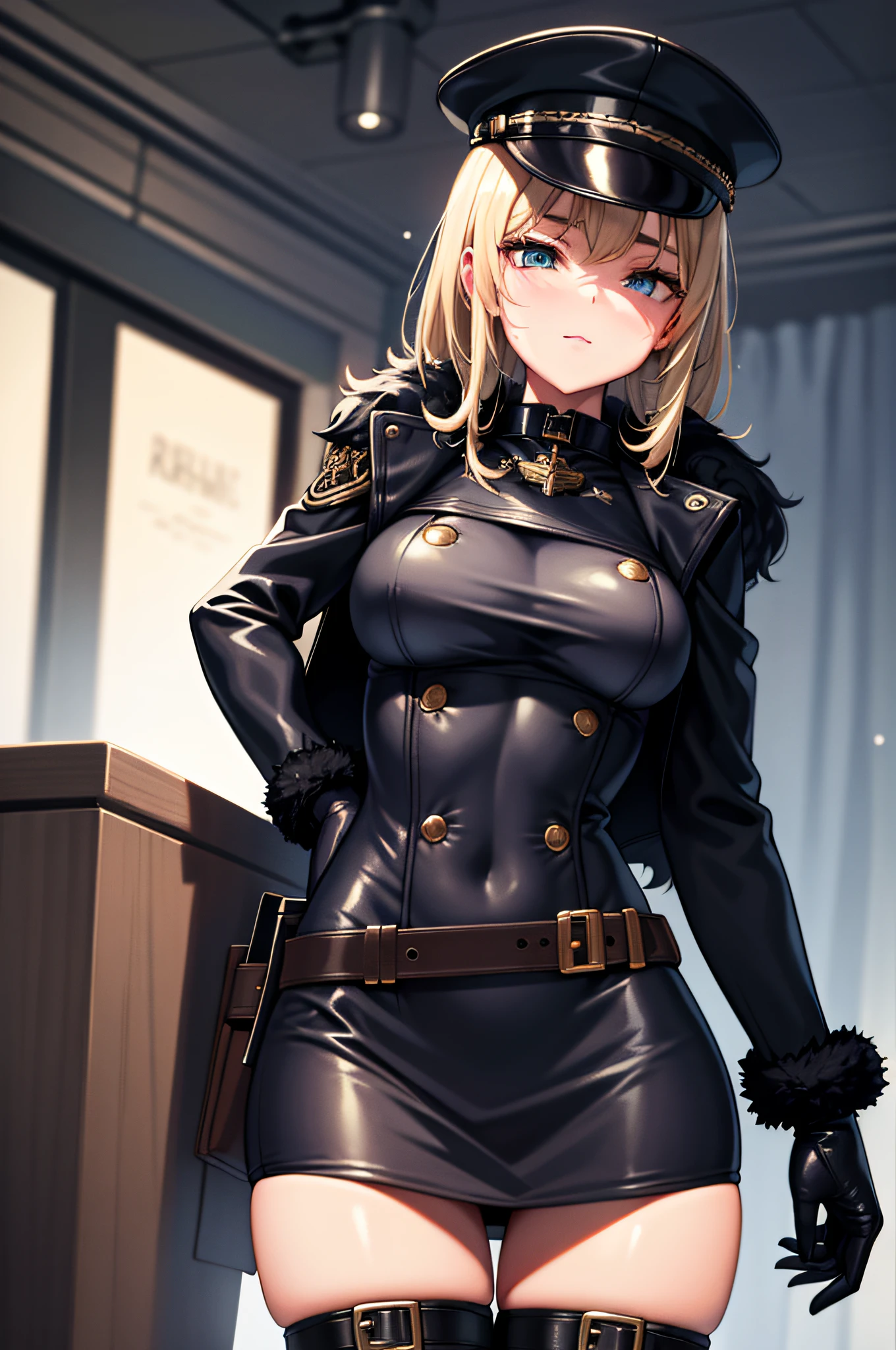 nsfw, masterpiece, best quality, 1girl, intricate details, dramatic shadows, forest, dark, night, steampunk, {looking down at viewer}, peaked cap, black military uniform, from below, medium breasts, blue eyes, blonde, open winter fur coat, snowing, gloves, thigh high boots, pistol, gun holster choker, miniskirt, black leather thigh boot, leather gloves, short hair,