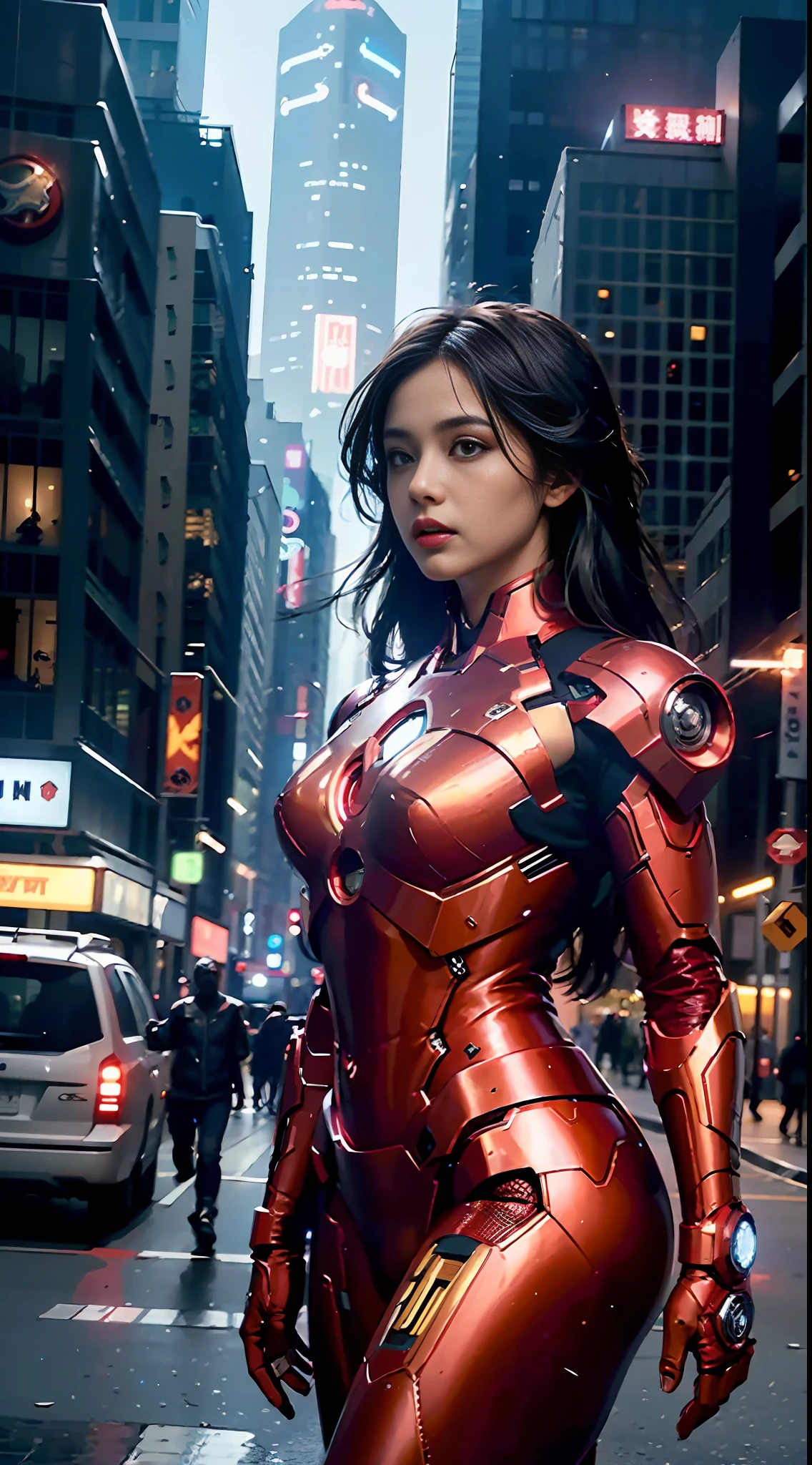 8k, realistic, attractive, highly detailed, a 20 year old girl a sexy and attractive woman inspired by Iron Man wearing a shiny Iron Man mech. She dresses with sexiness and confidence, perfectly interpreting Iron Man&#39;s strength and charisma. In a cyberpunk-style city night scene, a sexy and attractive woman takes Iron Man&#39;s cosplay as the theme. Wearing a shiny Iron Man mech, she stands on a street lined with tall buildings. The night lights of the city are bright, reflecting on her mecha, adding a sense of future technology. The surrounding buildings and streets are full of cyberpunk elements, such as neon lights, high-tech devices and futuristic architectural designs. The whole scene is full of futuristic and sci-fi atmosphere. This high-definition, high-quality picture will bring you stunning visual enjoyment, a perfect combination of sexy, futuristic and sci-fi elements. oc rendering, dramatic lighting, award winning quality