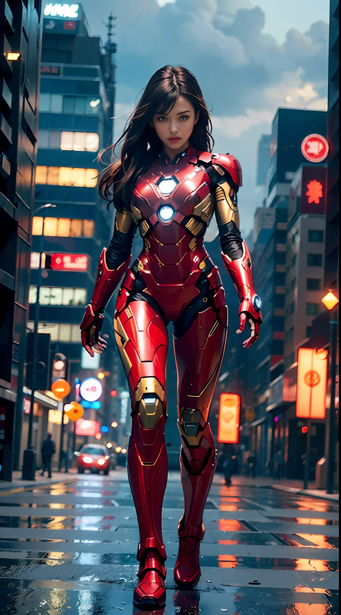 8k, realistic, attractive, highly detailed, a 20 year old girl a sexy and attractive woman inspired by Iron Man wearing a shiny Iron Man mech. She dresses with sexiness and confidence, perfectly interpreting Iron Man's strength and charisma. In a cyberpunk-style city night scene, a sexy and attractive woman takes Iron Man's cosplay as the theme. Wearing a shiny Iron Man mech, she stands on a street lined with tall buildings. The night lights of the city are bright, reflecting on her mecha, adding a sense of future technology. The surrounding buildings and streets are full of cyberpunk elements, such as neon lights, high-tech devices and futuristic architectural designs. The whole scene is full of futuristic and sci-fi atmosphere. This high-definition, high-quality picture will bring you stunning visual enjoyment, a perfect combination of sexy, futuristic and sci-fi elements. oc rendering, dramatic lighting, award winning quality