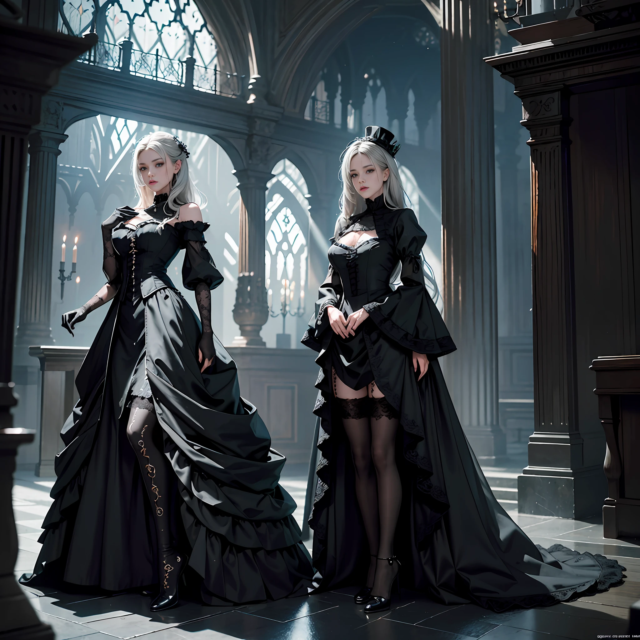 Official Art, Unity 8k wallpaper, super detailed, beautiful, beautiful, masterpiece, best quality, super detailed texture, asymmetrical aesthetics,
Dark, epic, atmospheric, mysterious, taboo, art, Victorian, decoration, intricate, silverwork, supernatural, costume design, lace embellishments
1 girl, black stockings, elegant manners, conservative dress, sexy, full body composition