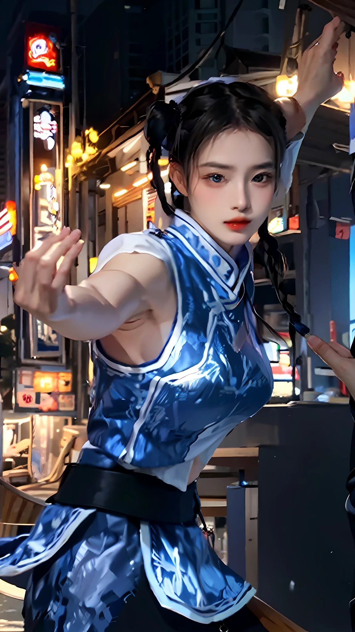 Palm, big breasts, black hair, braid, blue china clothes