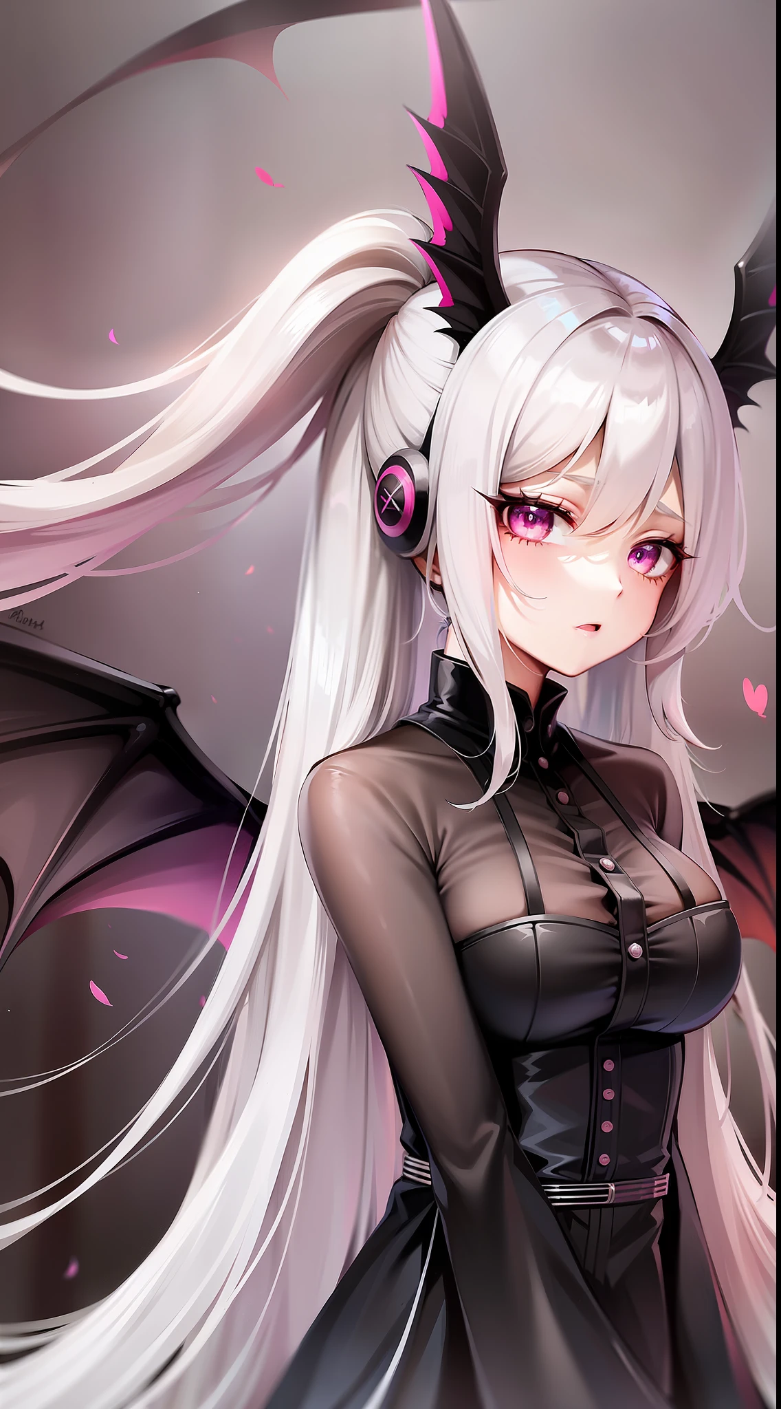 Adult girl, long white hair, high ponytail, pink eyes, bat wings, black rich dress, anger, masterpiece, high quality