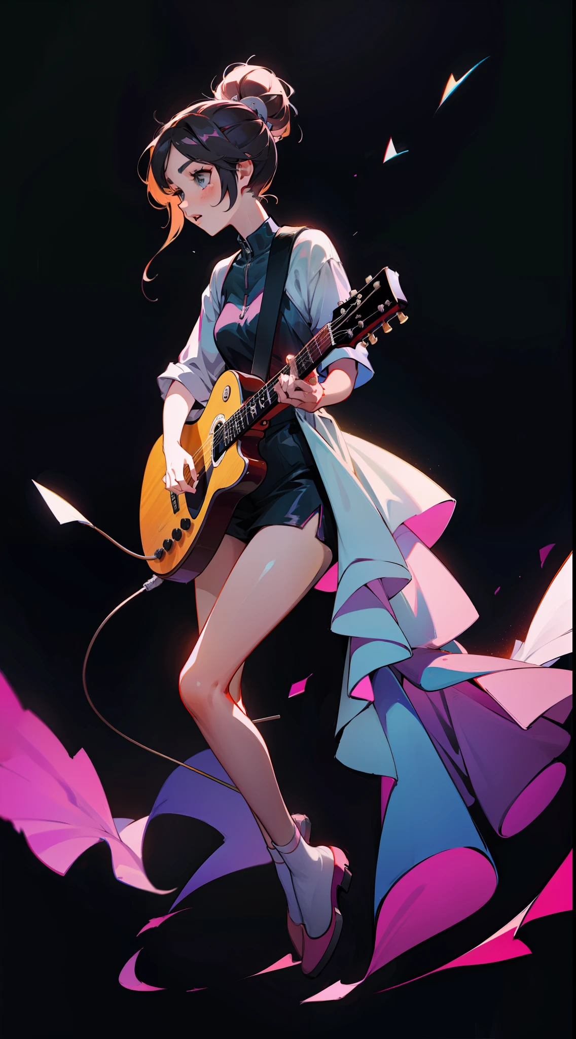 Beautiful singer playing guitar, full body, black background