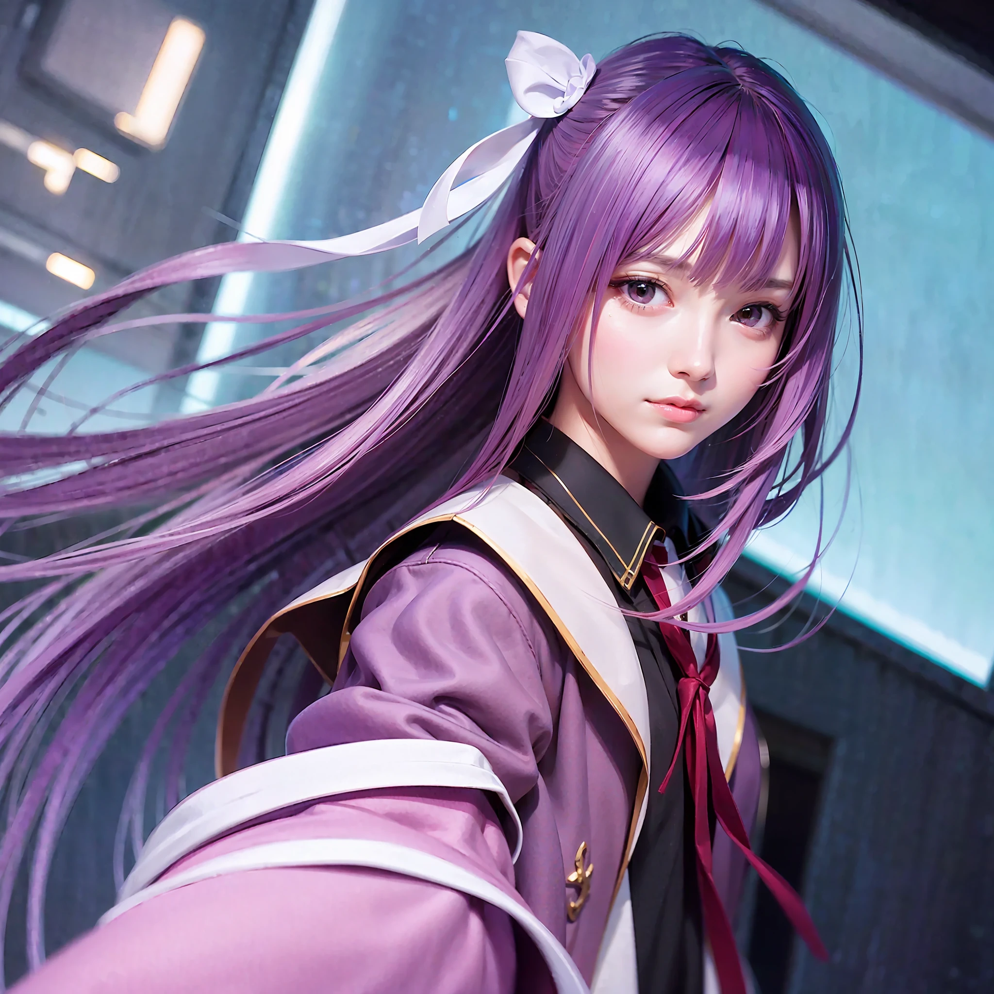 masterpiece, best quality, high quality, beauty, Japan, Japan schoolgirl, popular korean makeup, detail, swollen eyes, detailed eyes, detailed skin, beautiful skin, ultra high definition, (reality: 1.4),very beautiful, little young face, beautiful skin, slender, (ultra realistic), (illustration), (high resolution), (8K), (very detailed), (best illustration), (beautifully detailed eyes), (super detailed), ( wallpaper), (detailed face), looking at the viewer, fine details, detailed face, pureerosfaceace_v1, smile, 46-point diagonal bangs short, straight ahead, lilac schoolgirl uniform, ribbon-shaped pink tie, purple hair, long hair, facing straight ahead, angle is from waist up, realistic photo, bright lighting, professional lighting, battlefield gahara hitagi