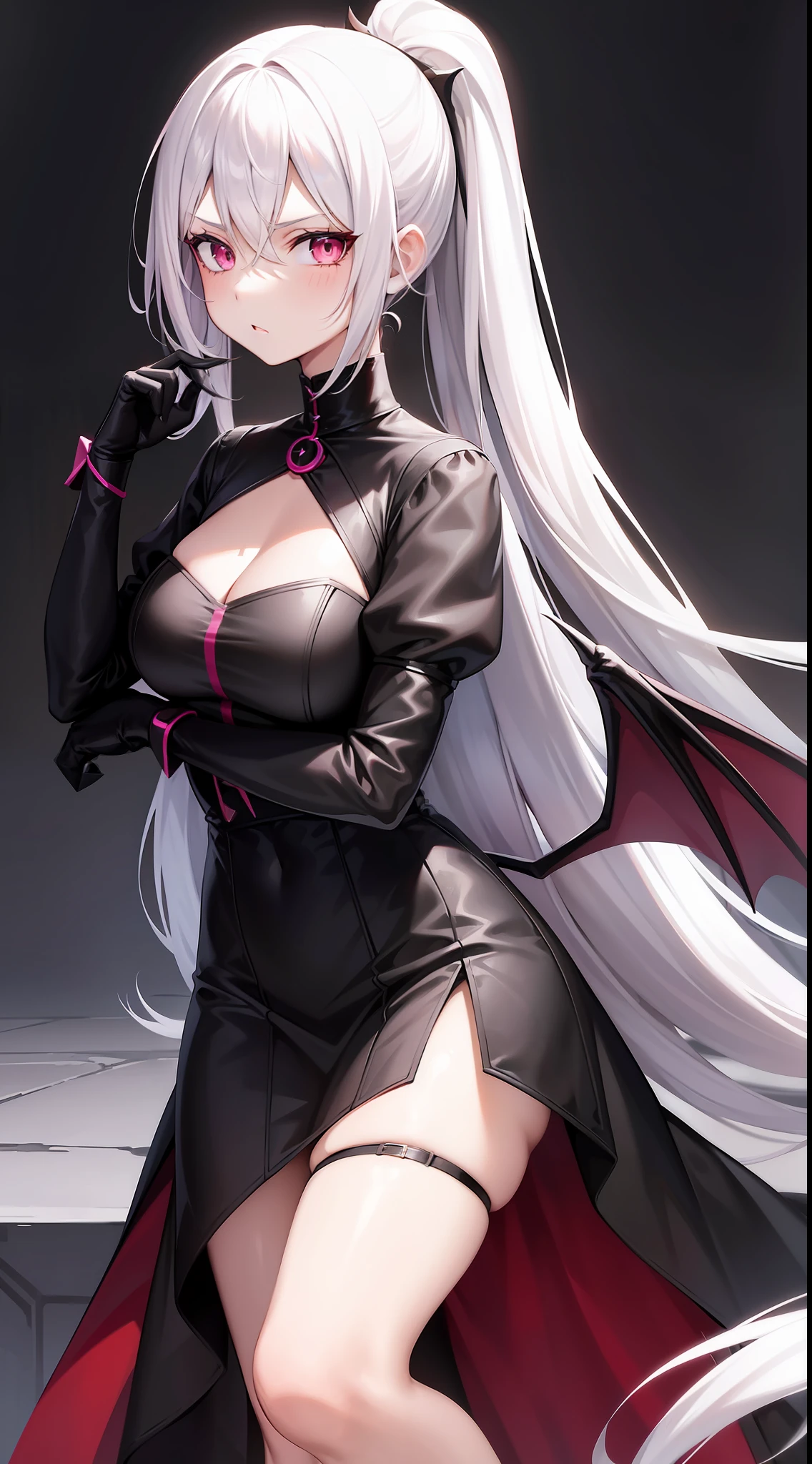 Adult girl, long white hair, high ponytail, pink eyes, bat wings, black rich dress, anger, masterpiece, high quality