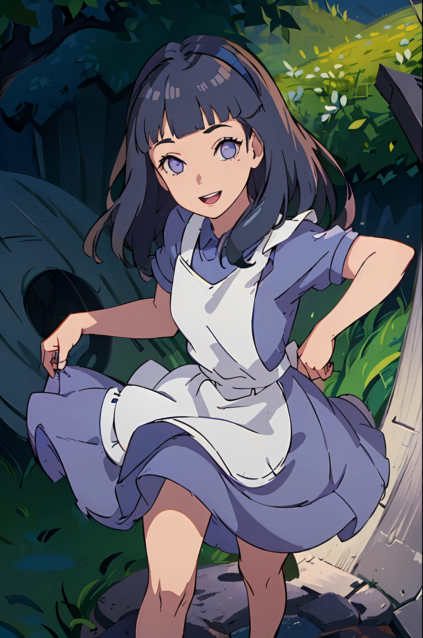 (masterpiece:1.4), (best quality:1.4), (high resolution:1.4), alice liddell, blue dress, white apron, black hairband, smile, looking at viewer, blunt bangs, (dark blue hair:1.3), (purple eyes:1.3), long hair, wavy hair, rabbit, alice in wonderland, hinata/(boruto/)