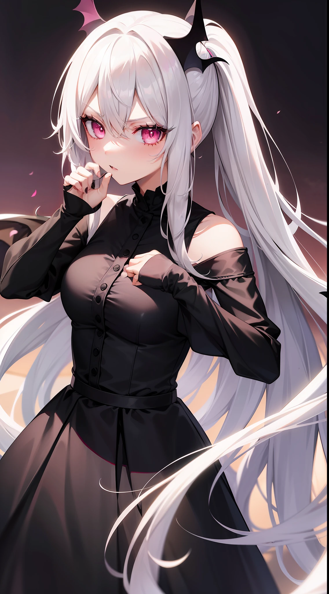 Adult girl, long white hair, high ponytail, pink eyes, bat wings, black rich dress, anger, masterpiece, high quality