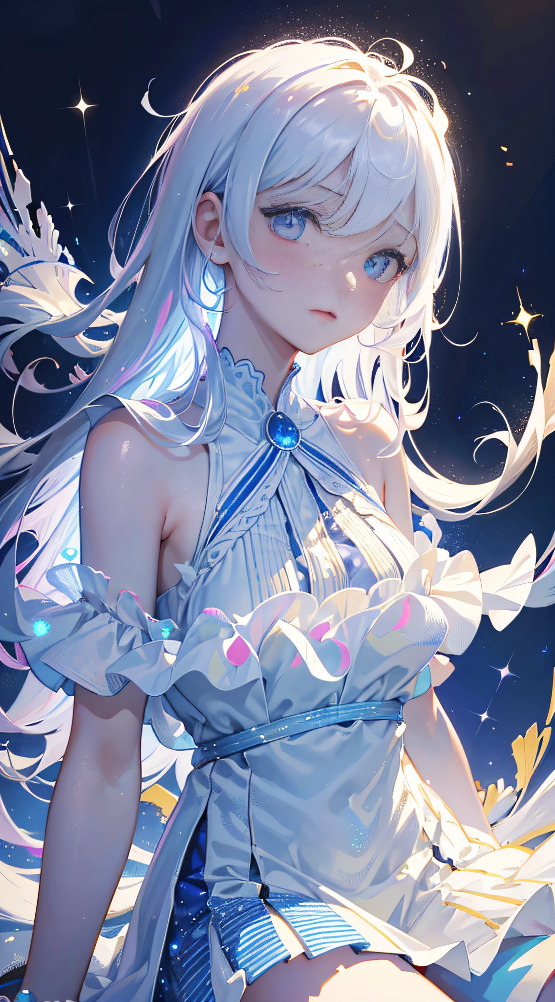 (Masterpiece, best quality: 1.2), (Super detailed), (illustration), Super High Resolution, Super Delicate Face, Glowing Skin, Delicate Eyes, Blue Pupils, Finger Details, Wallpaper, Original, 1girl, Messy White Hair, Thin Shoulder Straps, White Skirt, Bare Legs, Barefoot, Bare-arm, Full Body, (Surrounded by Color Splashes and Dots), Colored Bubbles, (Shiny), Simple Background, Simple Clean Background, Tranquil Space, Stunning Lighting, C4D, OC Rendering, Movie Edge Light, Fine light, 32K, 4K resolution,