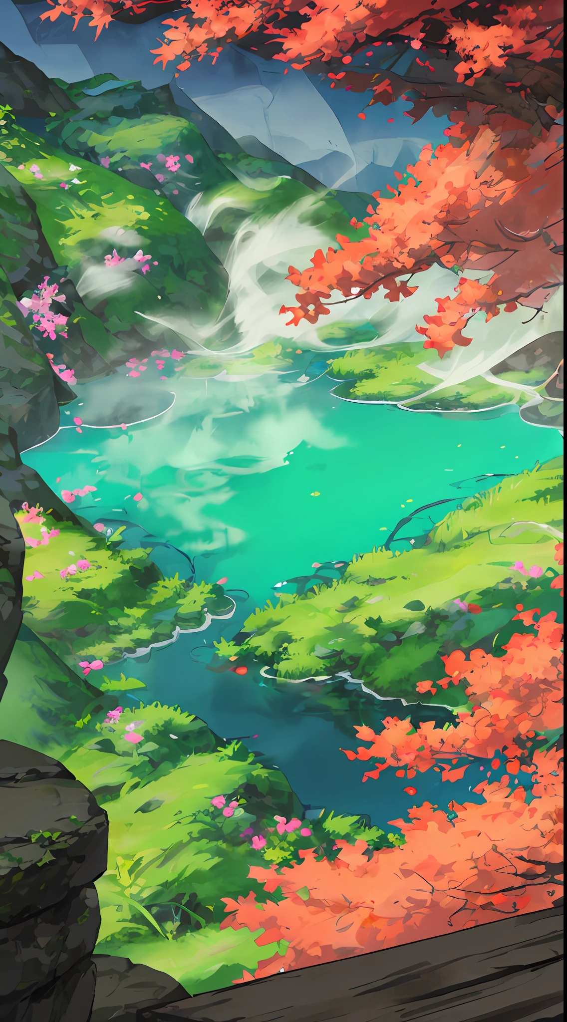 Hot springs, heat, water vapor, waterfalls, ancient Chinese times, jungles, lakes, caves, trees, meadows, night (illustration: 1.0), epic composition, realistic lighting, HD details, masterpieces, best quality, (very detailed CG unified 8k wallpaper)