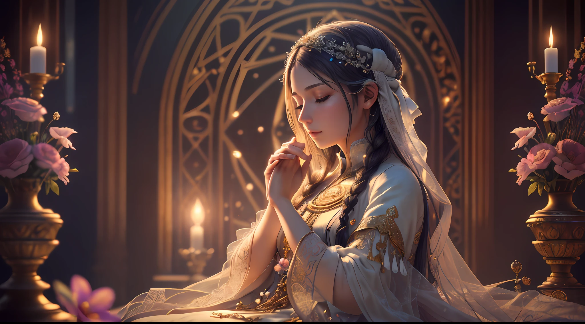 award-winning photo of a woman, octane render, hdr, (hyperdetailed: 1.15), (soft, sharp light: 1.2), 1girl, priestess, eyes closed, from ((hand together in gratitude position)), mature, beautiful body, eyes closed, long knee hair ((priestess))), ((masterpiece, top quality, best quality, official art, beautiful and aesthetic: 1.2), extremely detailed, colorful, more detailed ((ultra-detailed)), (highly detailed CG illustration),  ((extremely delicate and beautiful)), cinematic light, garden, prayer, head down