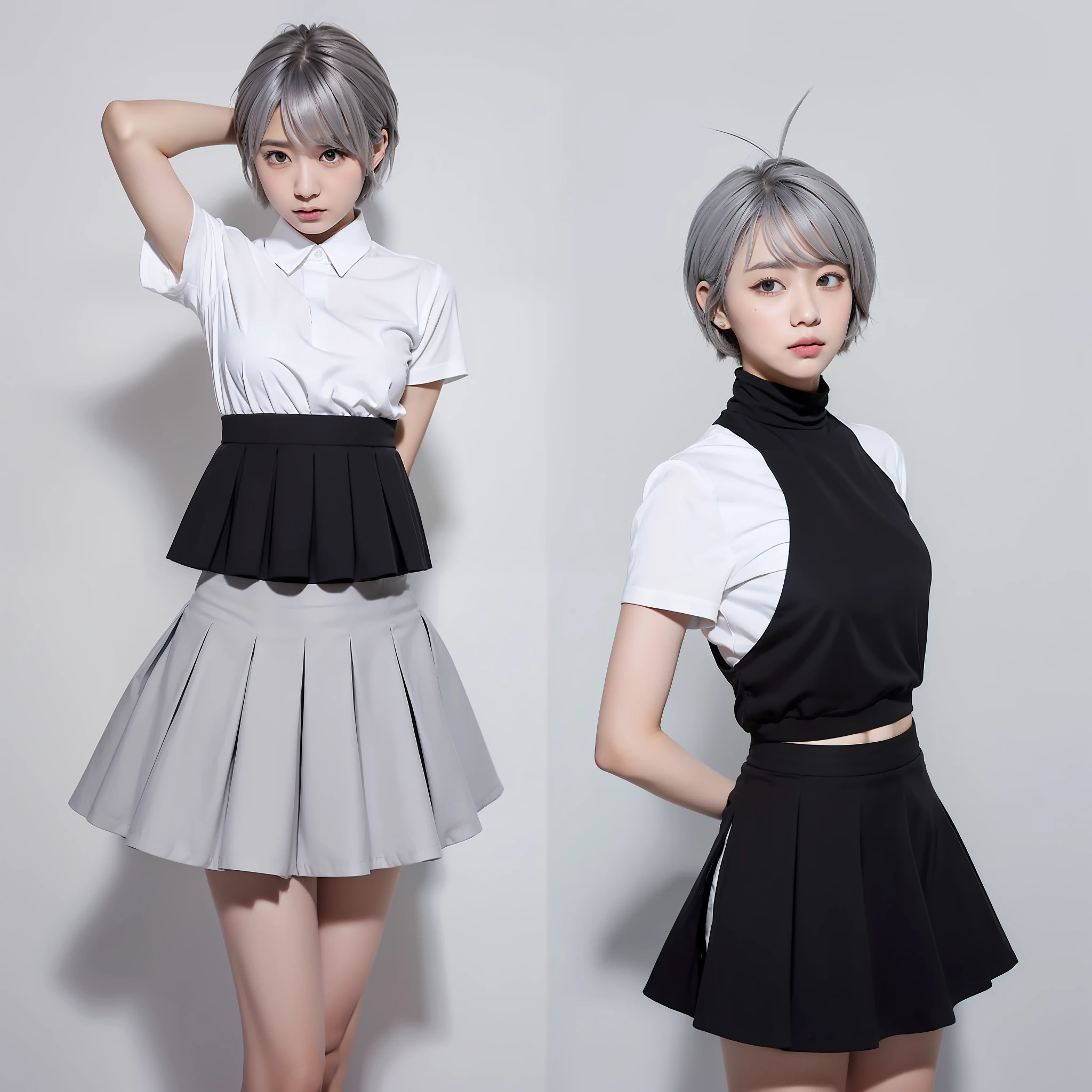 ((masterpiece, top quality), (one girl), (solo), (female focus), (ahoge, gray hair, short hair), black eyes, (white shirt), (black skirt), (black skirt), standing, white background, arms behind