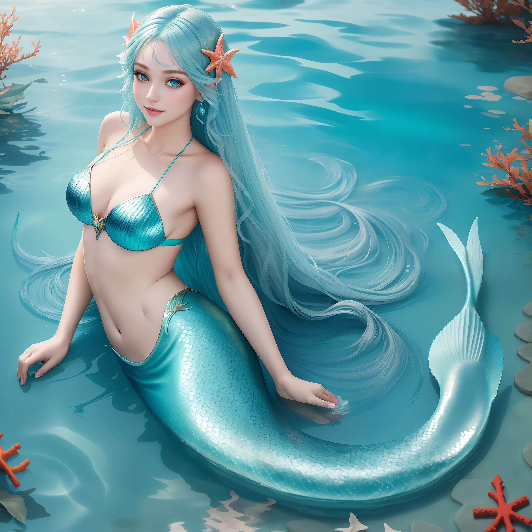 (Masterpiece) 8K resolution, mermaid princess, beauty swimming in the water, ash blue long hair with coral decoration, hazel eyes, turquoise eyes, gentle smile, model style, fantasy style,