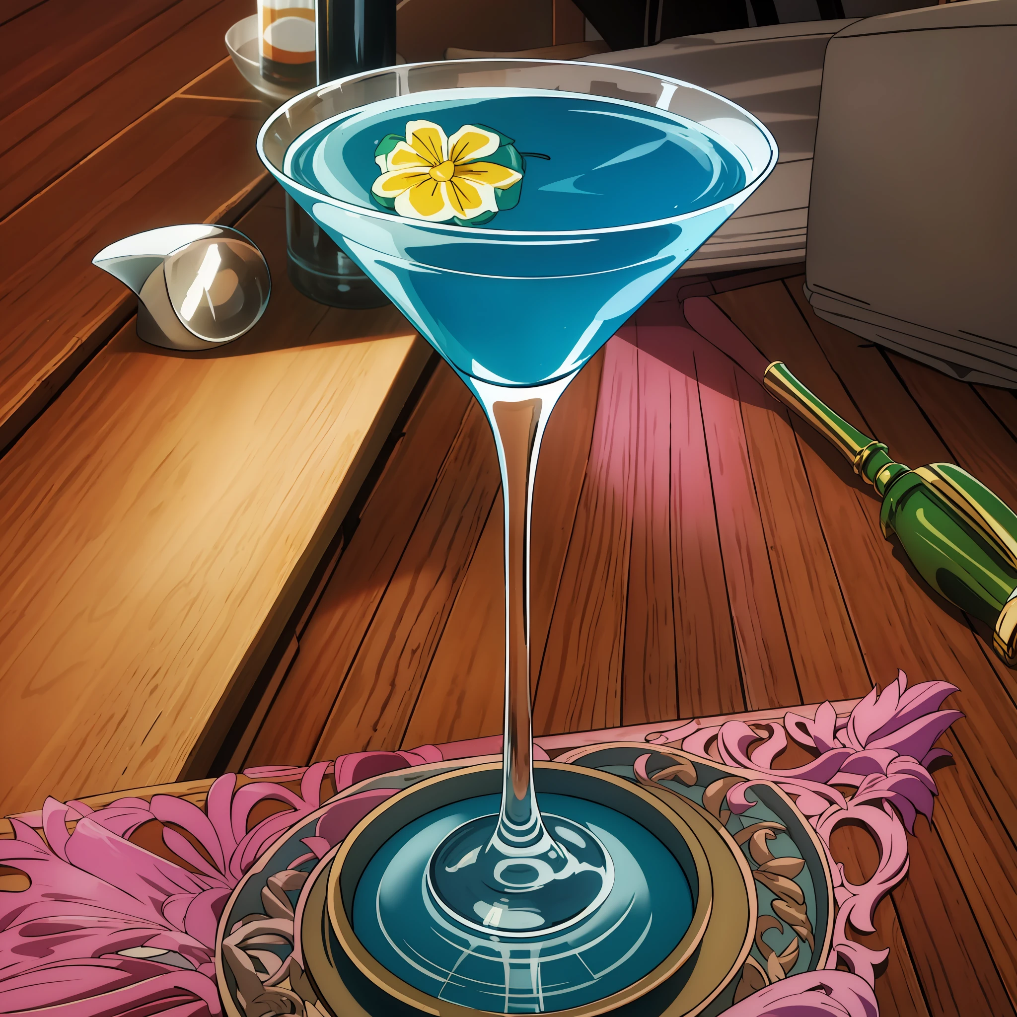 There is a martini glass with a decorative edge, hand-painted style