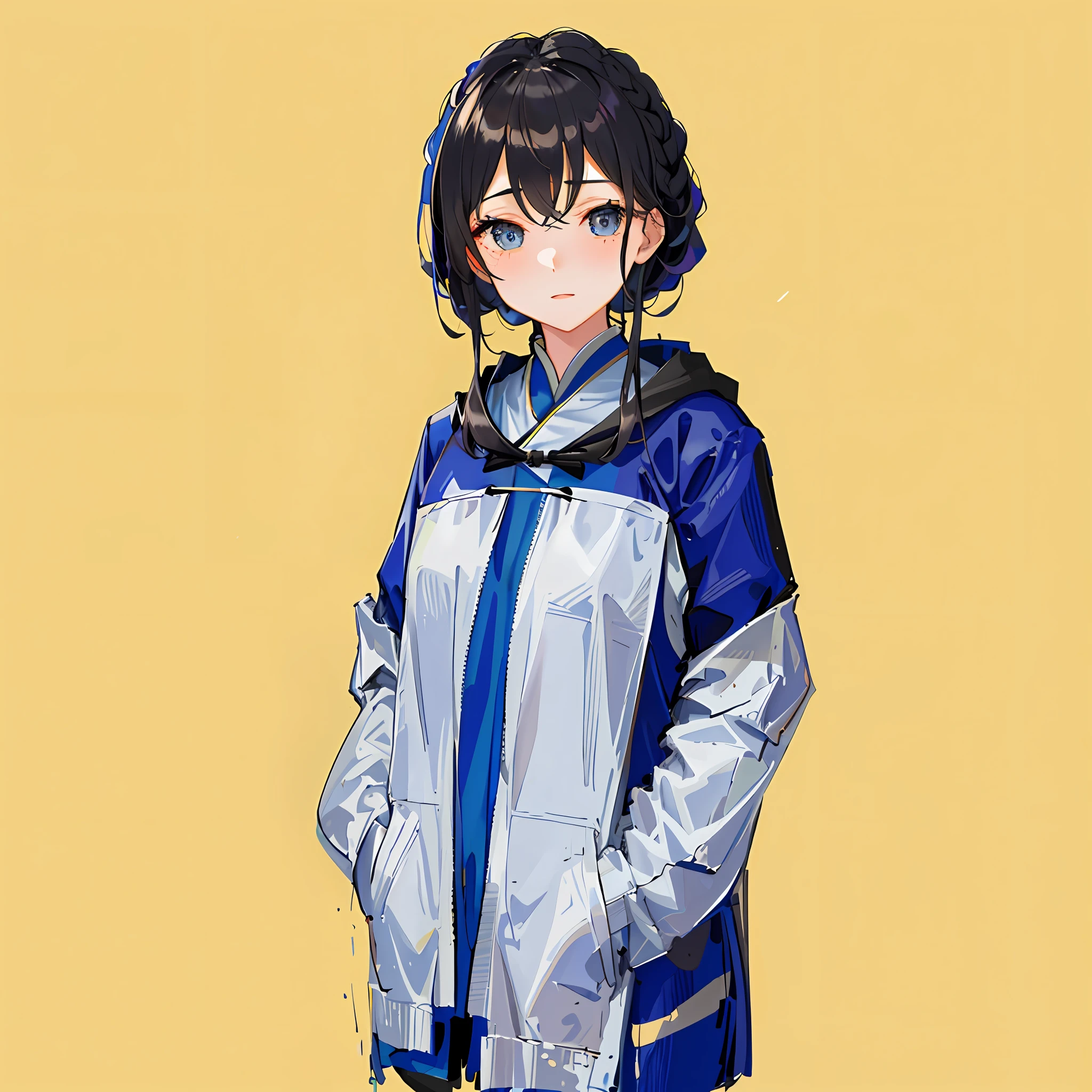 (masterpiece, sidelighting, ultra-detailed, fine detailed beautiful eyes: 1.2), 1girl, from side,冲锋衣校服,黑色短发, hood down, hooded jacket,jacket, 独奏, Masterpiece, best quality