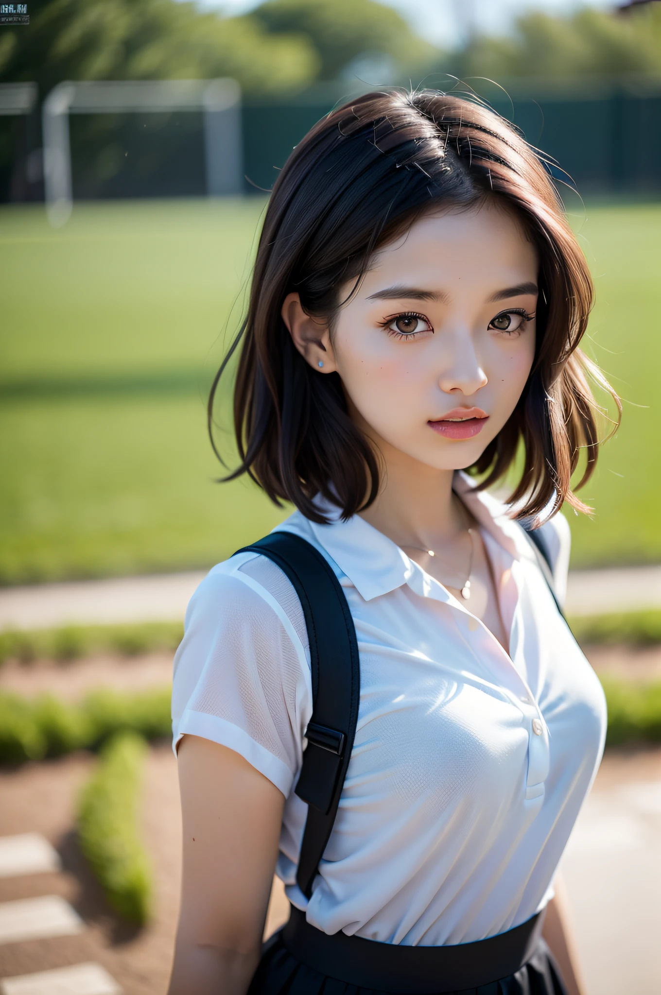 (8K, Best Quality, Masterpiece: 1.2), (Realistic, Realism: 1.37), Ultra Detailed, Ultra High Resolution, Depth of Field, Clear Center of Gravity, Good Composition, Bokeh: 1.2, 1 Girl, Female College Student, School Flower, Goddess, Glamorous, Tennis Skirt, School Playground, Delicate Facial Features, Smart Eyes, Tall Figure, Black Hair, Short and Medium Hair,