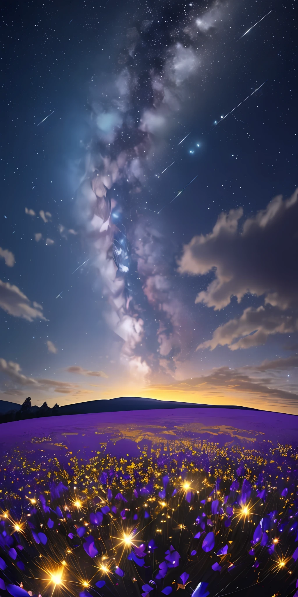 Expansive landscape photograph, (view from below with a view of the sky and wilderness below), little girl standing in a flower field looking up, (full moon: 1.2), (shooting star: 0.9), (nebula: 1.3), distant mountain, tree break production art, (warm light source: 1.2), (firefly: 1.2), lamp, purple and orange, intricate detail, volume lighting, realism break (masterpiece: 1.2) (Best Quality), 4K, Ultra-Detailed, (Dynamic Composition: 1.4), Highly Detailed and Colorful Detail, (Iridescent Colors: 1.2), (Radiant Lighting, Atmospheric Lighting), Dreamy, Magical, (Solo: 1.2), Realistic Flowers, Material, Walls, Ultra-Fine Flowers, Picturesque Walls, Falling Stars, Meteor Shower, Shooting Stars, Fireflies, Small Balls of Light, Orbs, Fantastic, Light Particles, Star Rain, Star Shake, Blue Moon, crescent moon, five-pointed star, first magnitude star, betelgeuse, glass ball, blue light, back view, sentimental, loneliness, ((comet)), bubble ball, 🫧 --auto --s2