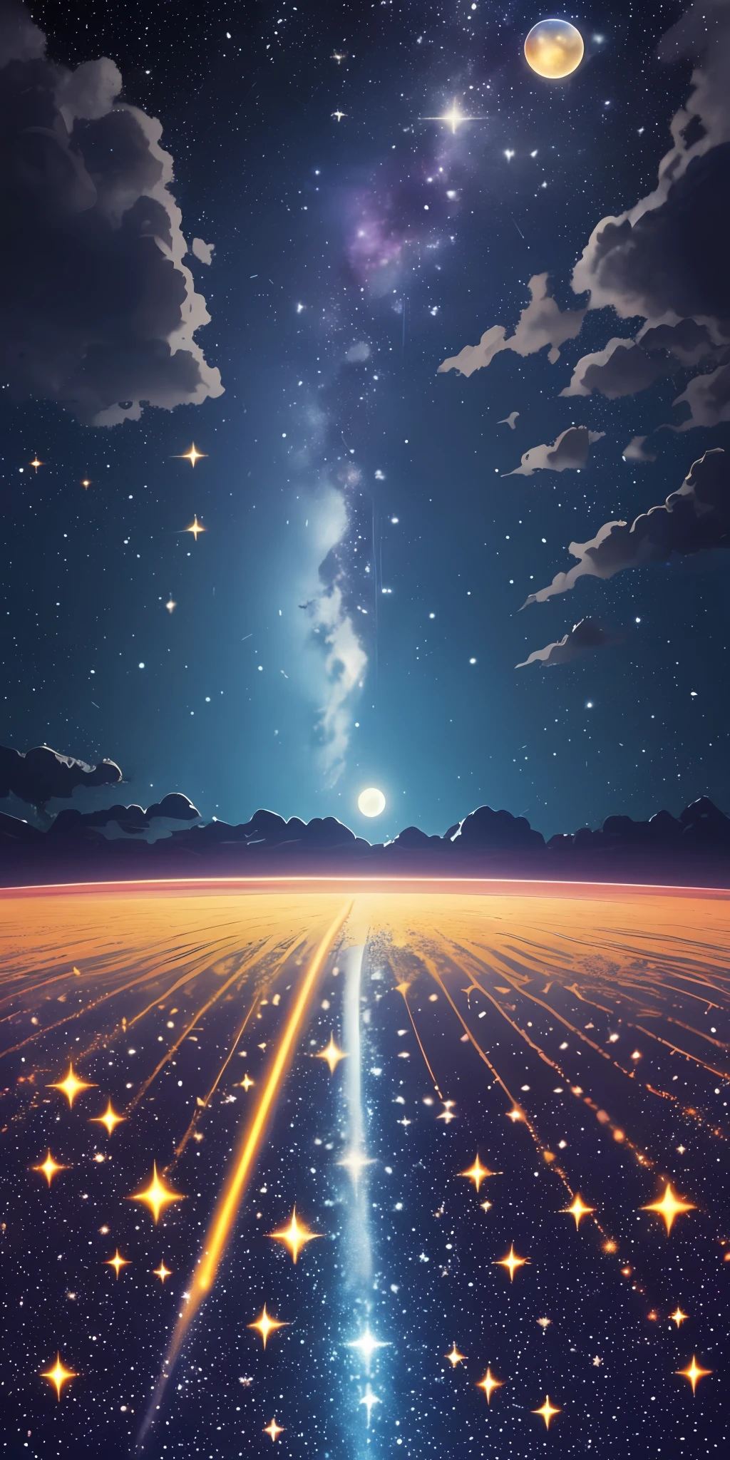 Expansive landscape photograph, (view from below with a view of the sky and wilderness below), standing in a flower field looking up, (full moon: 1.2), (shooting star: 0.9), (nebula: 1.3), distant mountain, tree break production art, (warm light source: 1.2), (firefly: 1.2), lamp, purple and orange, intricate detail, volume lighting, realism break (masterpiece: 1.2) (Best Quality), 4K, Ultra-Detailed, (Dynamic Composition: 1.4), Highly Detailed and Colorful Detail, (Iridescent Colors: 1.2), (Radiant Lighting, Atmospheric Lighting), Dreamy, Magical, (Solo: 1.2), Realistic Flowers, Material, Walls, Ultra-Fine Flowers, Picturesque Walls, Falling Stars, Meteor Shower, Shooting Stars, Fireflies, Small Balls of Light, Orbs, Fantastic, Light Particles, Star Rain, Star Shake, Blue Moon, crescent moon, five-pointed star, first magnitude star, betelgeuse, glass ball, blue light, back view, sentimental, loneliness, ((comet)), bubble ball, 🫧 --auto --s2