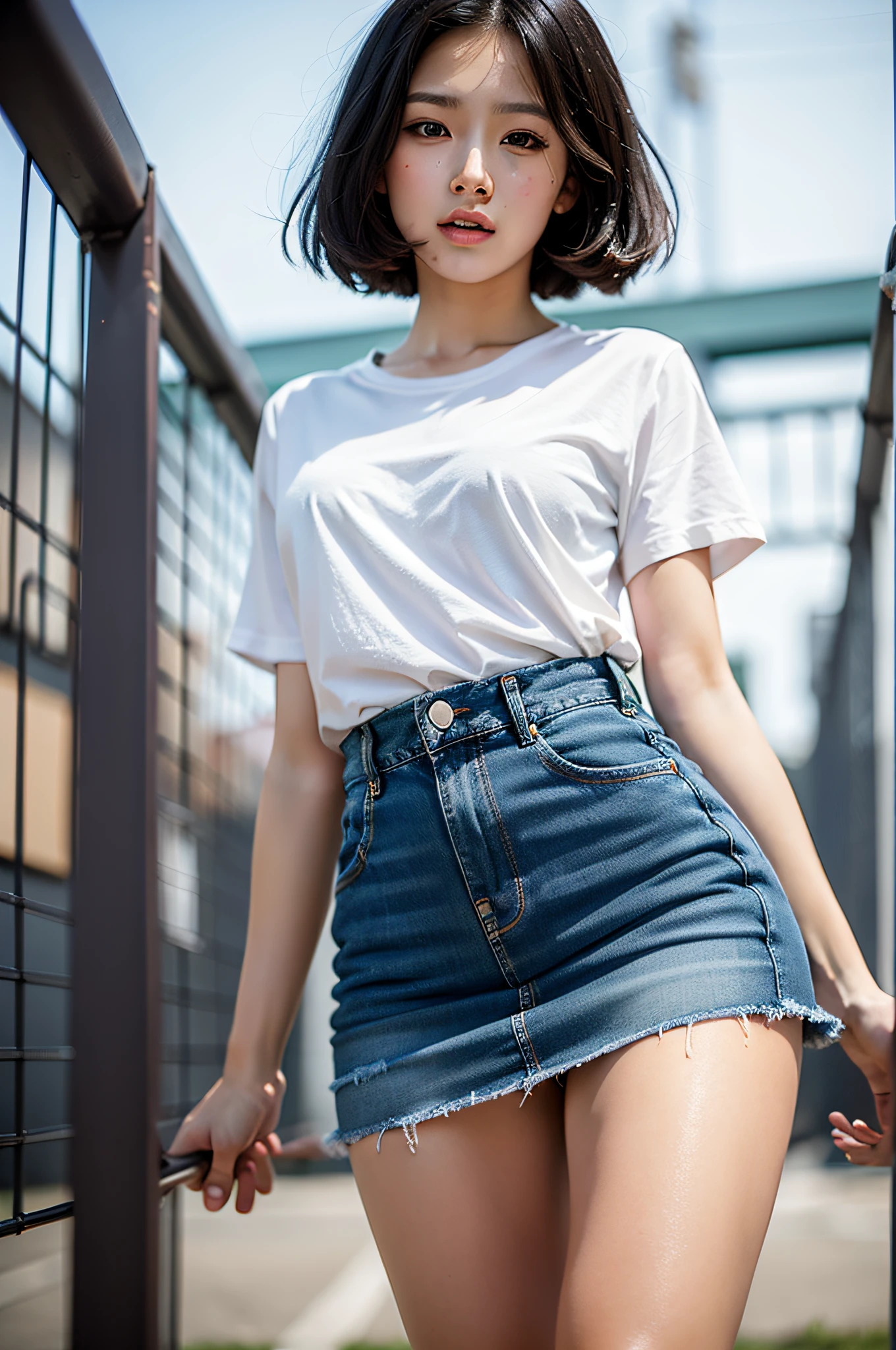 (8K, Best Quality, Masterpiece: 1.2), (Realistic, Realism: 1.37), Ultra Detailed, Ultra High Resolution, Depth of Field, Clear Center of Gravity, Good Composition, Bokeh: 1.2, 1 Girl, Female College Student, School Flower, Goddess, Glamorous, Tennis Skirt, School Playground, Delicate Facial Features, Smart Eyes, Tall Figure, Black Hair, Short and Medium Hair, Denim Perspective