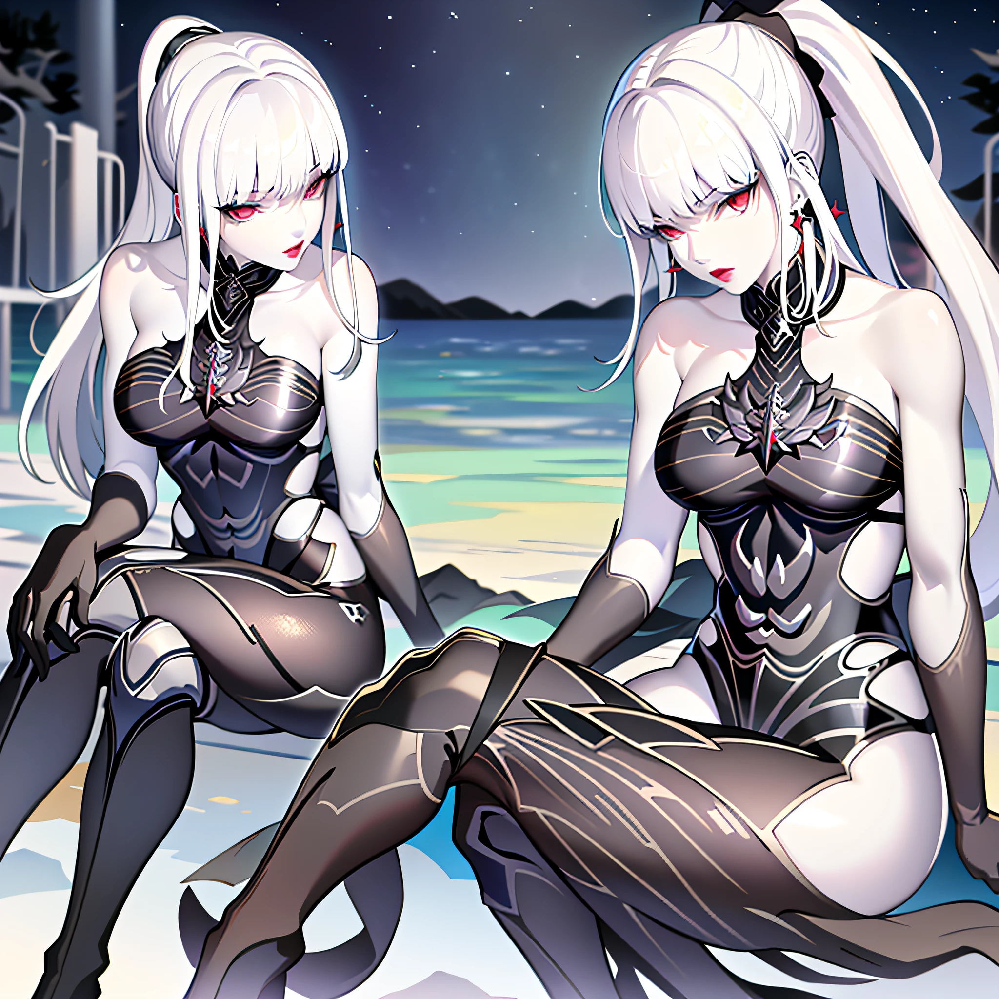 omega_tpa, 1girl, earrings, black armor, lipstick, pale skin, ponytail, sitting, bench, starry sky, crossed legs, looking to the side, moonlight, night, highly detailed, absurdres, masterpiece,