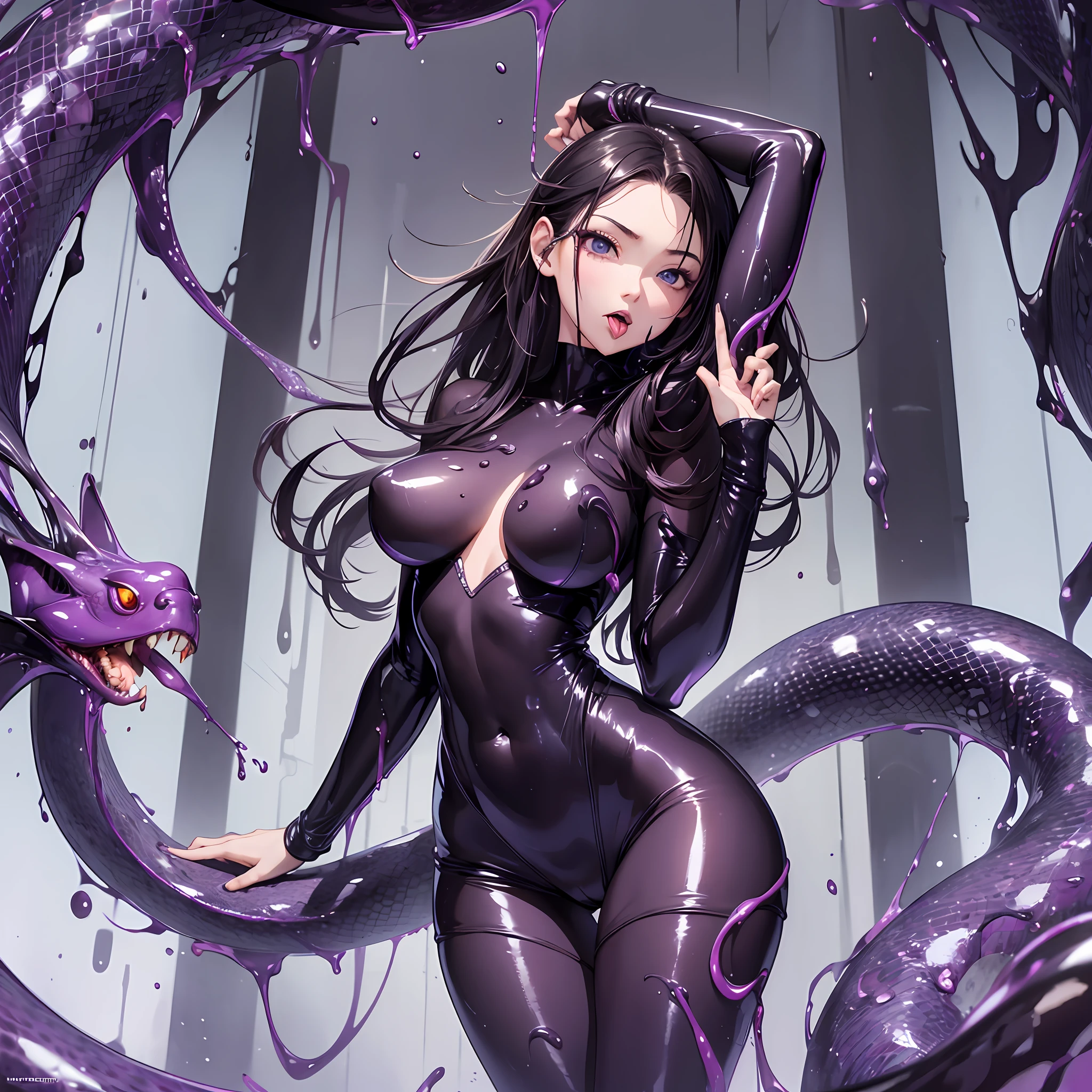 Best quality, masterpiece, high detail, most realistic, HD, young woman, perfect figure, wearing purple tentacle suit, damp black translucent mucus, squirming tentacles, symmetrical full body rendering, full body, wlop glossy skin, erotic pose, erotic expression, eyes up, pupils upturned, tongue sticking out, snake-like long tongue, thighs apart, M-shaped legs --auto --s2