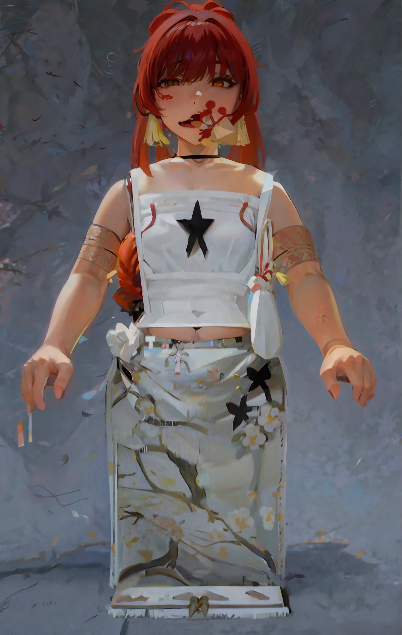 masterpiece, best quality, high resolution, 1 girl, blonde hair, medium hair, asymmetrical hair, flowing hair, in between eyes, high ponytail, side bangs, hair topper, fish topper, tassel, kanzashi, bangs, orange eyes, open mouth, smile, teeth, upper teeth only, choker, red choker, hanging choker, butterfly choker, clavicle, tattoo, chest tattoo, flower tattoo, cleavage, medium breasts, thighs, bandages , bandaged leg, sarashi, sarashi budget, sarashi chest, black sash, hadanugi dousa, houkisei, japanese clothing, kimono, kinchaku, obi, obiage, obijime, orange kimono, bag, printed kimono, rope, sash, shimenawa, short kimono, single bare shoulder, vision (genshin impact), east asian architecture, cherry blossoms, full body, squat, sparkler, night, fireworks, fireworks celebration, legs together, feet, single glove, fingerless glove, wristband , black socks,